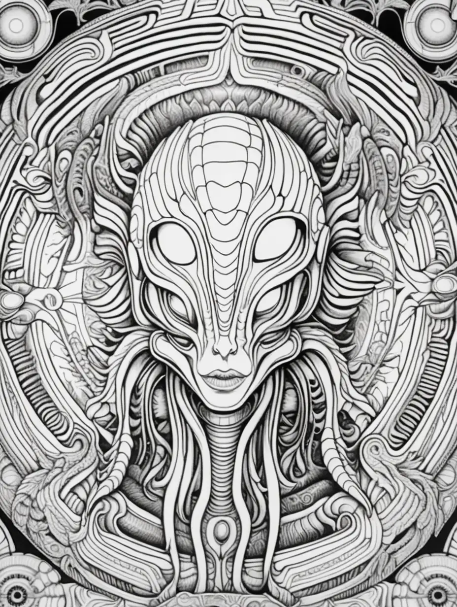Adult coloring book, vaporwave, giger style mandala, outerspace galactic
, Black and white, no shading, no color, thick black outline,