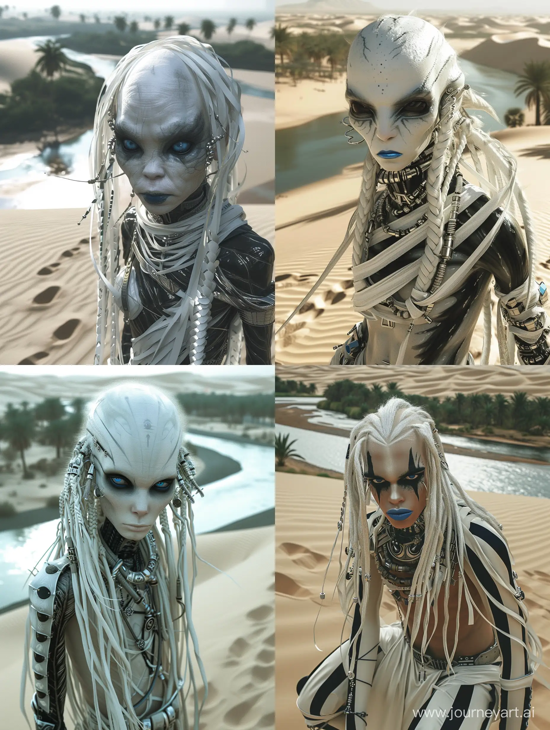 a male alien from outer space, silver hair down to his knees, braided, disheveled hair, a lot of metal jewelry in his hair, human appearance, huge black eyes without pupils, blue lips, small nose, thin, white shining skin, very tall, comic costume looks like strips of white cloth, in Full height, curious look, large dunes, sand, river and palms in background, beautiful, sharpness, romantic, footprints in the sand, fantastic, photography, close-up, hyper detailed, trending on artstation, sharp focus, studio photo, 
intricate details, highly detailed, in the style of black and dark silver, y2k aesthetic, soft, dream-like quality, prince core, smooth and shiny, pensive poses, precise detailing