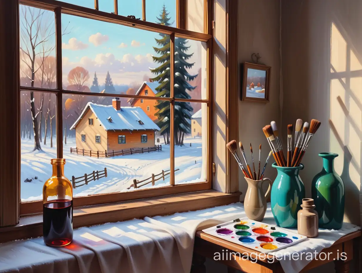 Still life with oil paints for copying by novice artists, a view of a warm room through the window onto a winter village in the woods
