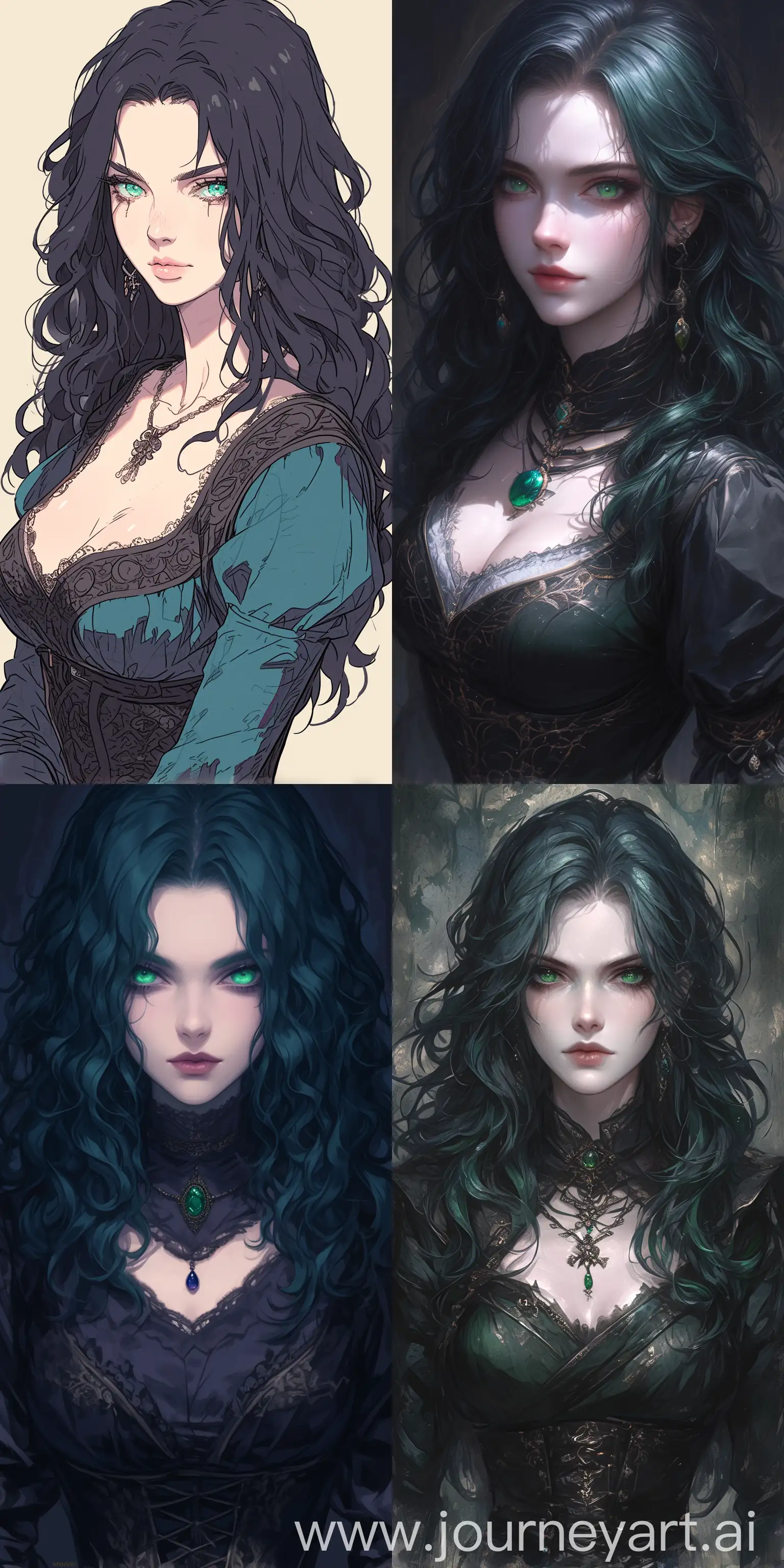 in the style of gothcore, drawing of a beautiful girl, medieval courtesan, fantasy drawing, eyes of emerald, I can't believe how beautiful this is, long and black hair, princesscore, --ar 1:2 --stylize 750 --niji 6