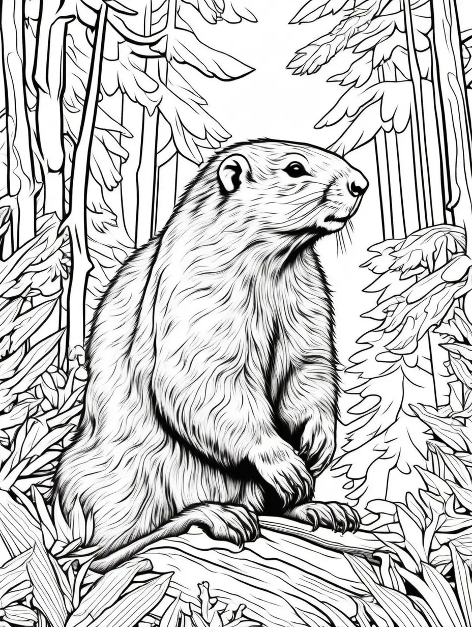 coloring page, marmot in the wildlife scene, forest, high detail, thick line, no shading