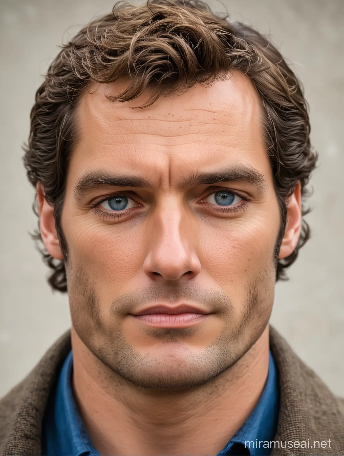 Closeup Portrait of a Henry Cavill Lookalike with Light Brown Hair and Blue Eyes