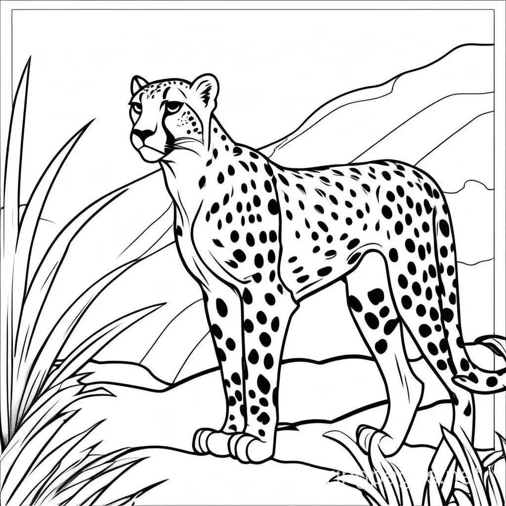 cheetah coloring book, Coloring Page, black and white, line art, white background, Simplicity, Ample White Space. The background of the coloring page is plain white to make it easy for young children to color within the lines. The outlines of all the subjects are easy to distinguish, making it simple for kids to color without too much difficulty