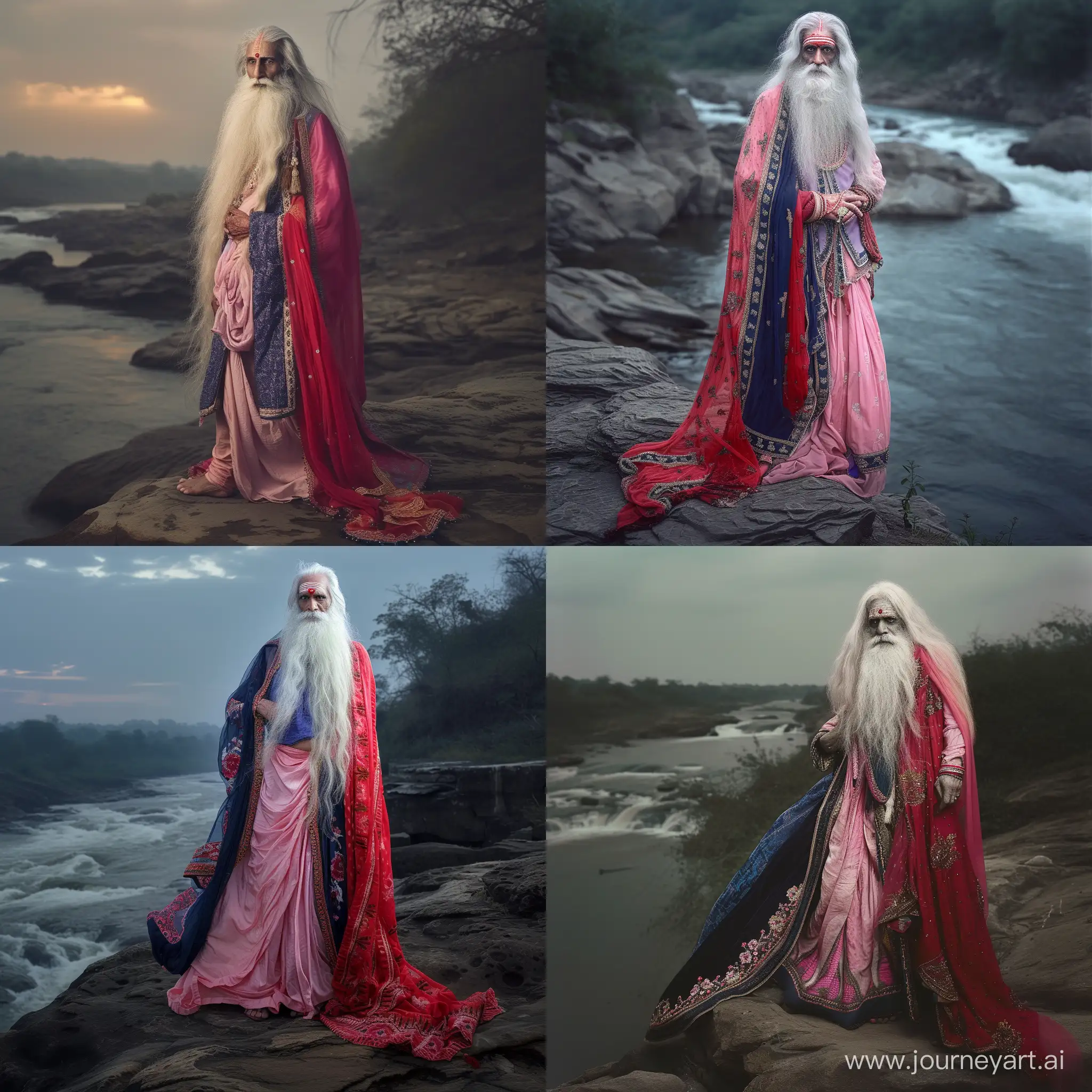 Elderly-Indian-Gentleman-with-White-Long-Hair-and-Beard-Adorned-in-Pink-and-Blue-Attire-Standing-Gracefully-by-a-Riverside-Rock