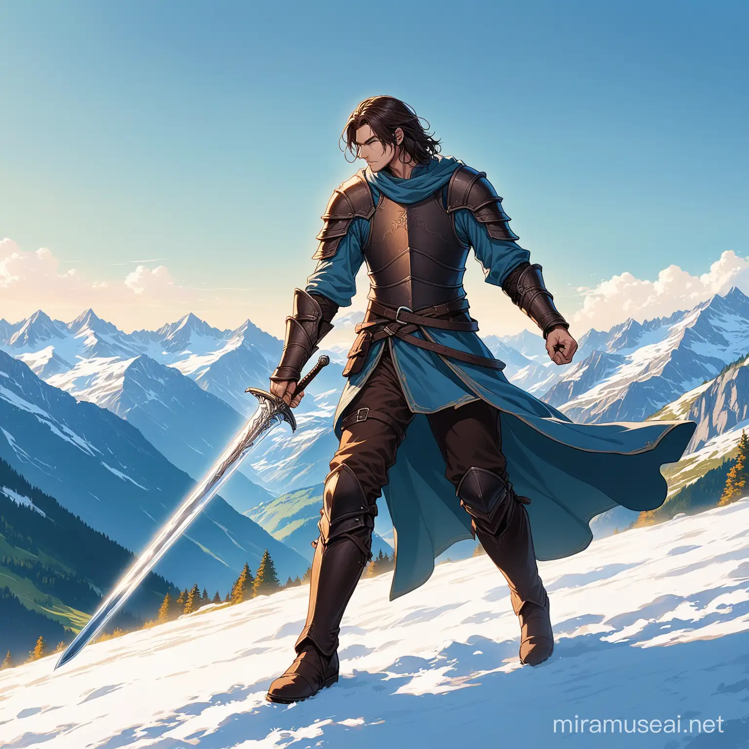 human male, dark brown leather armor, wielding a longsword, his hair is short and dark blue, he wears a long shirt this is light blue, and his pants and boots are black, he is in the Alps.