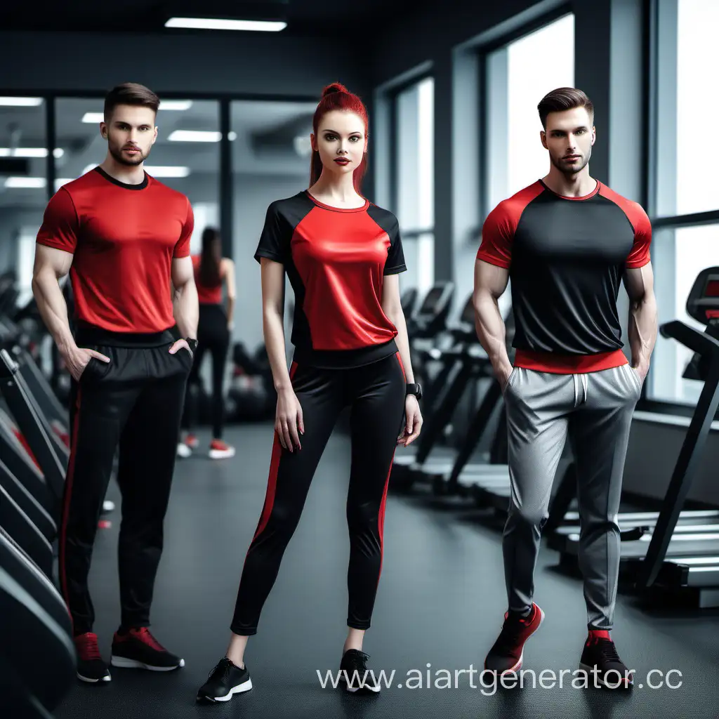 Офисные сотрудники в спортивной форме стильно реалистично в чёрных, красных и серых оттенках в фитнес-клубе 
