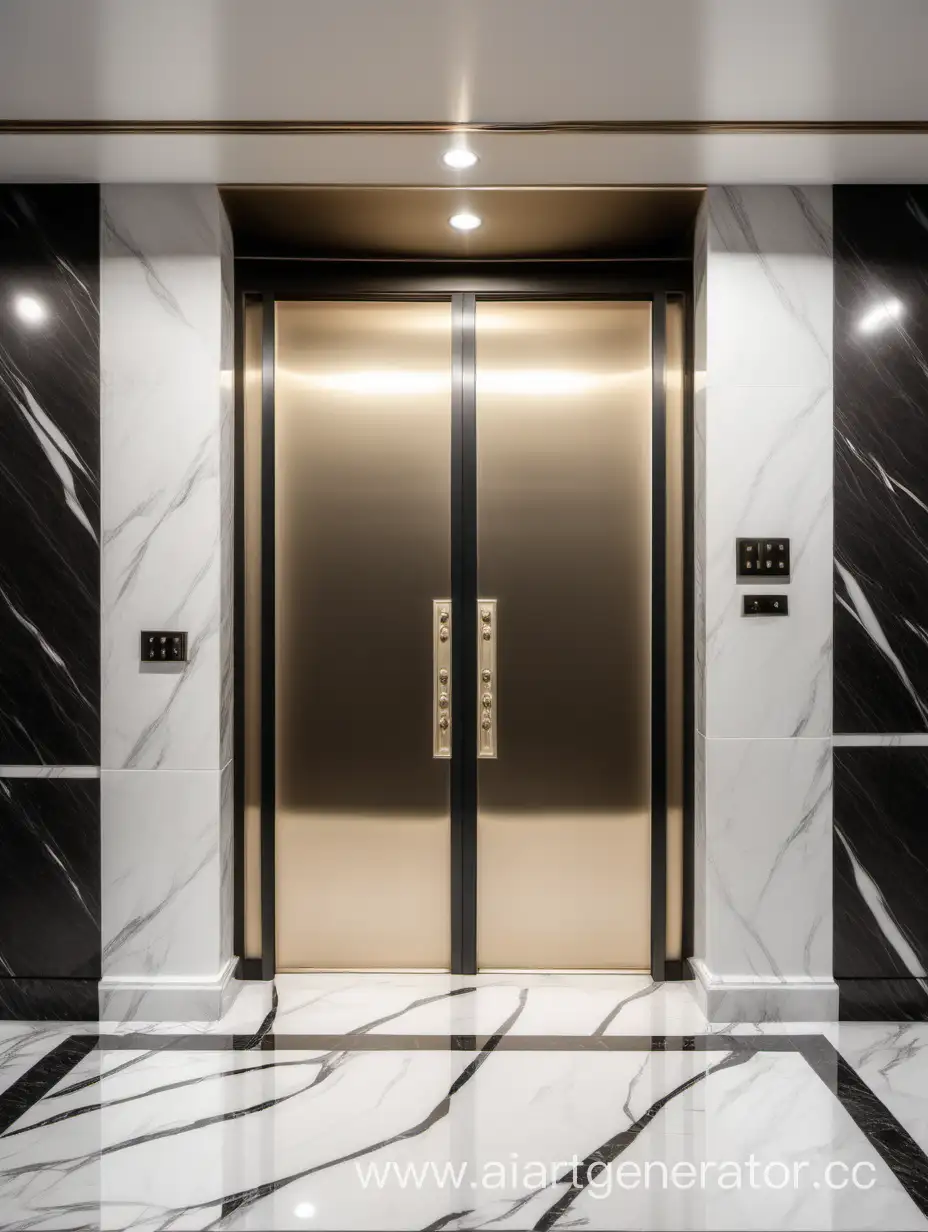 Modern stylish entrance inside with doors, apartment building. Marble tile on the floor and wall