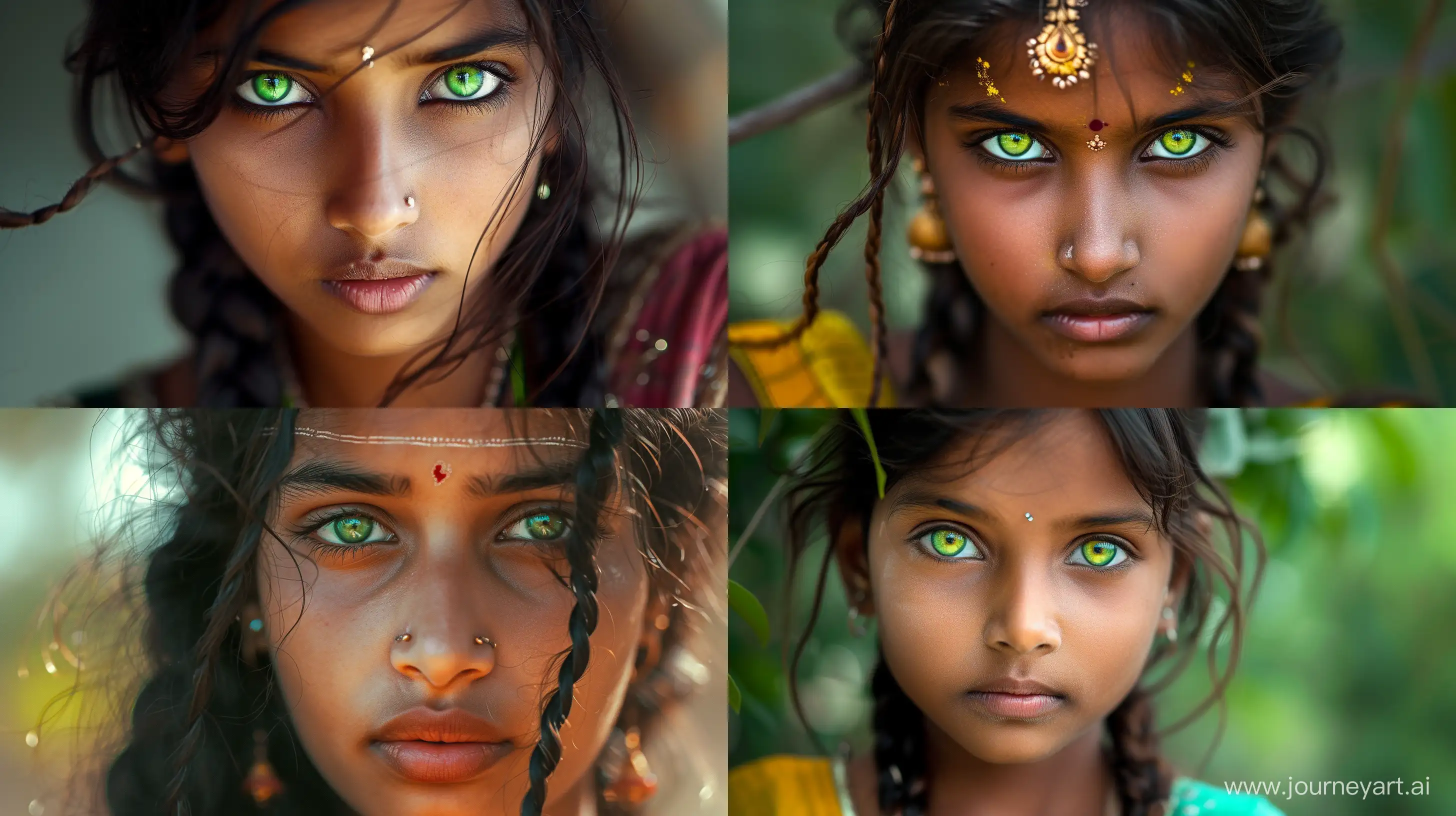 beautiful indian girl with green eyes, single braided, 16k, --v 6.0 --ar 16:9