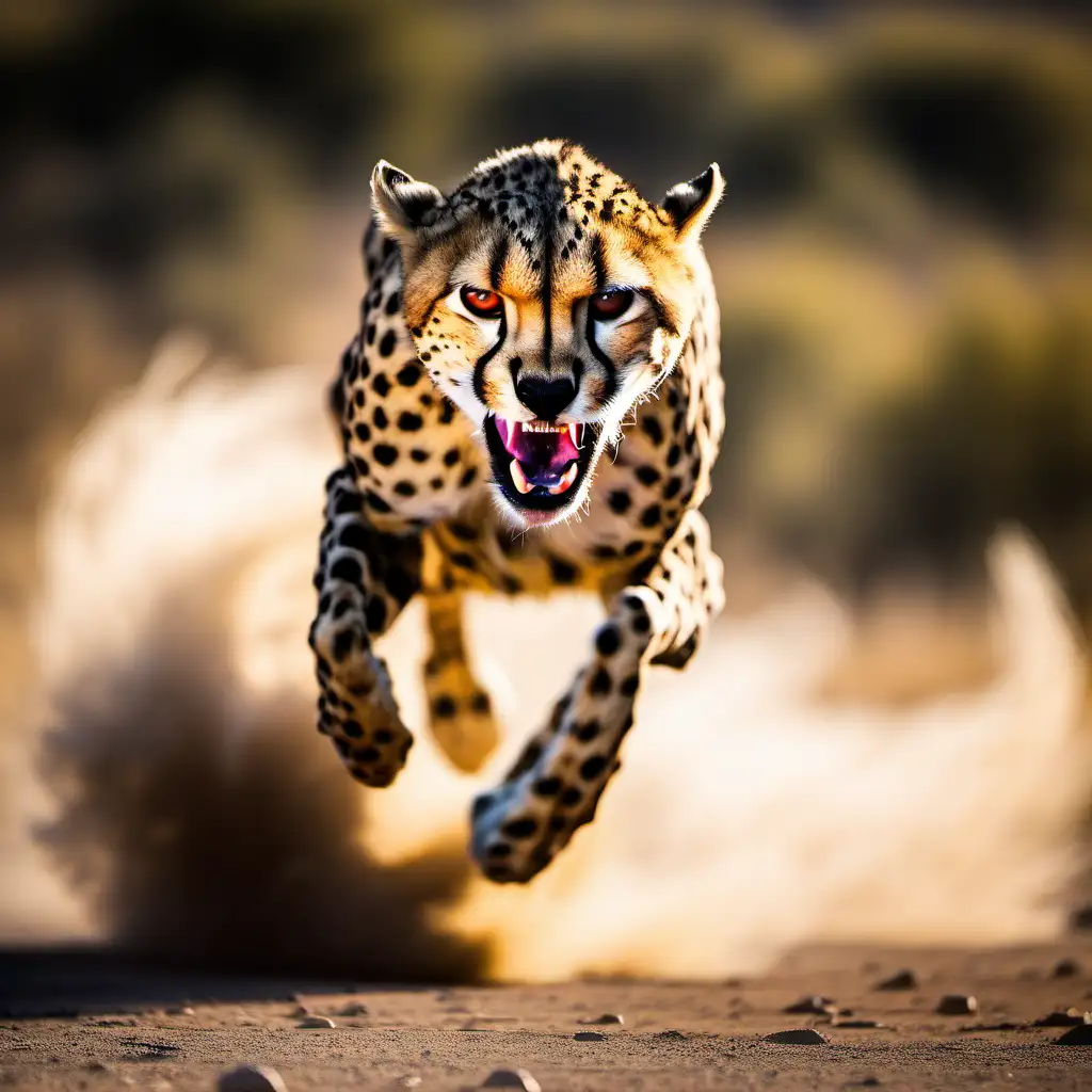 Menacing Cheetah with Formidable Fangs in a Pouncing Stance