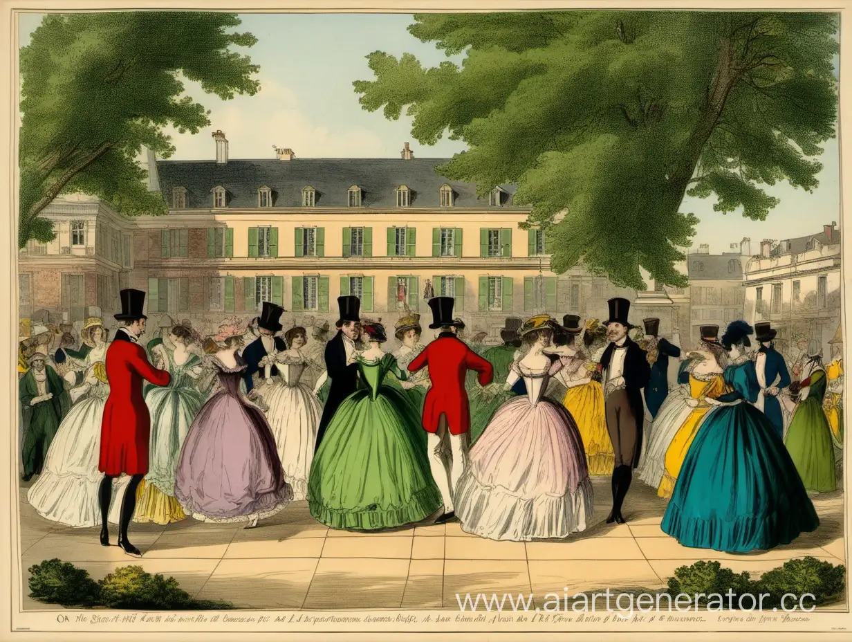 на открытой небольшой площадке танцуют насколько пар в костюмах вечеринки во Франции в девятнадцатом веке. вокруг площадки невысокие, по пояс аккуратно постриженные зеленые кусты