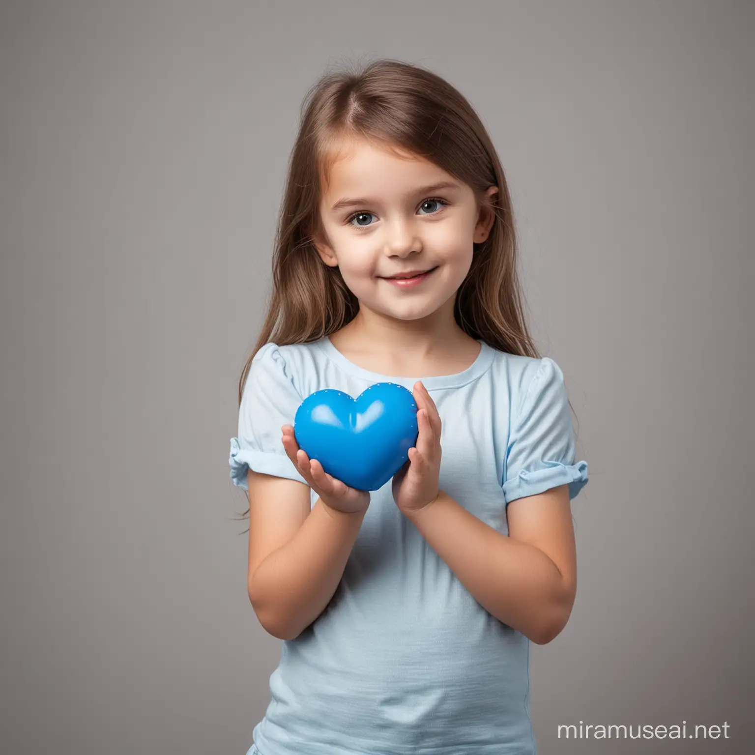 Adorable Little Girl Holding Blue Heart with Both Hands