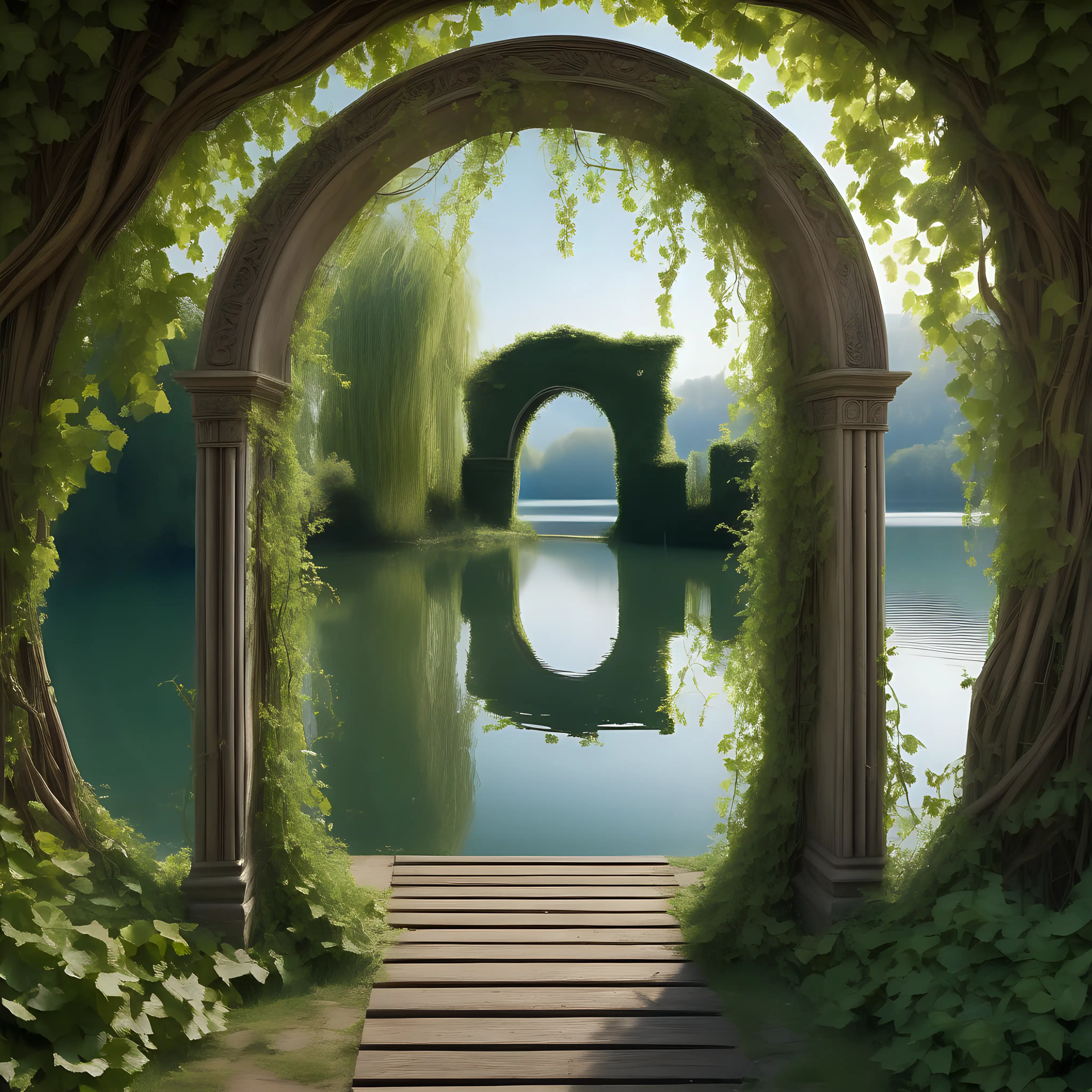 

a mystical place an ancient oval mirror  where a vine grows around the lake ,on the lake there is a pathway through an archway with ancient tall carved wooden arched doors that are half open  
