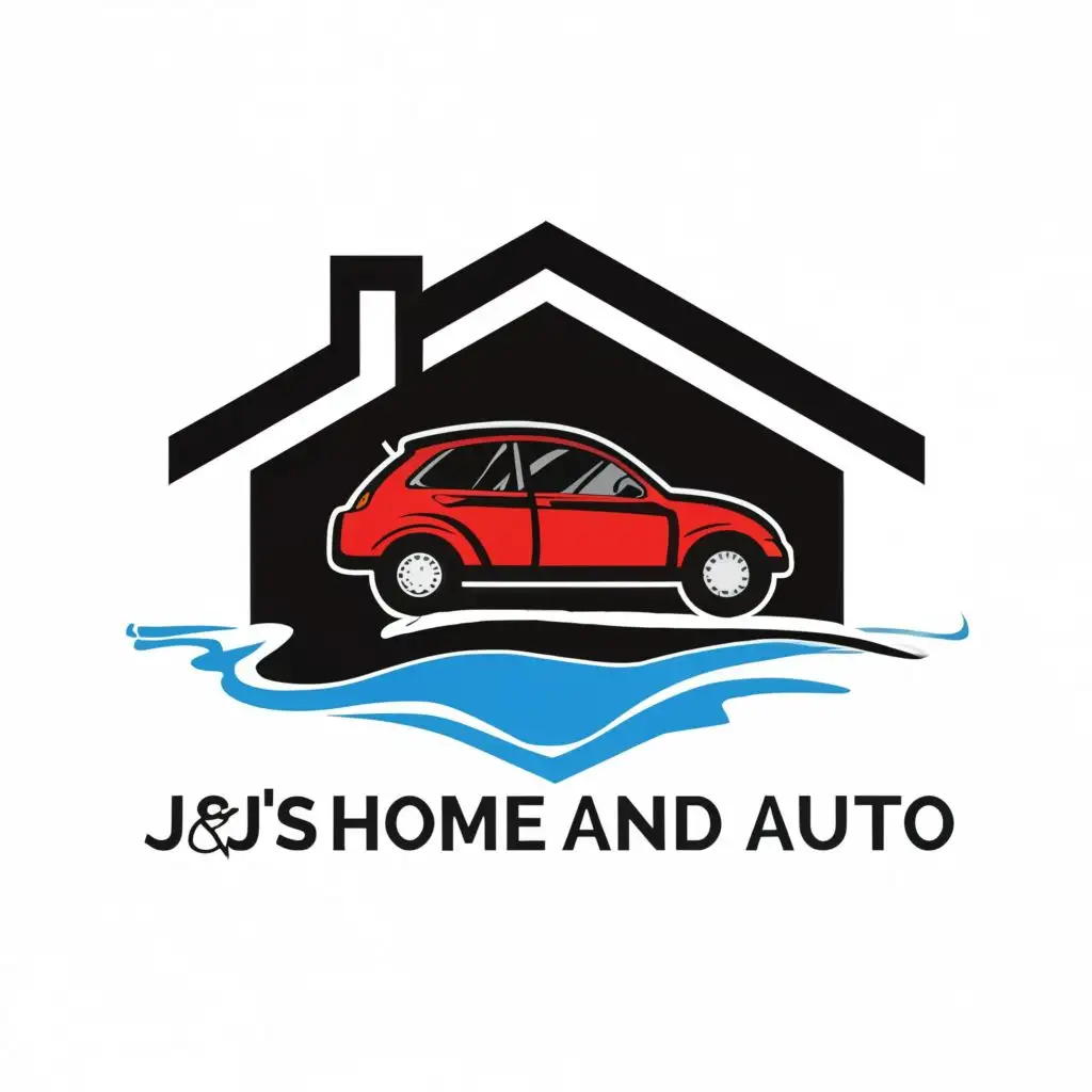 logo, House, Car with water around it. Black house with red car in front and blue water on the ground., with the text "J&J 's Home and Auto", typography, be used in Automotive industry