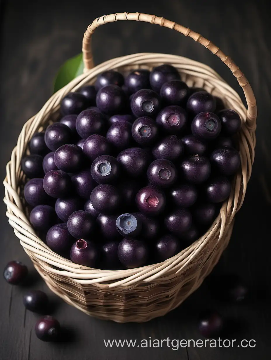 Açaí fruit purple berry in wooden basket some on ground