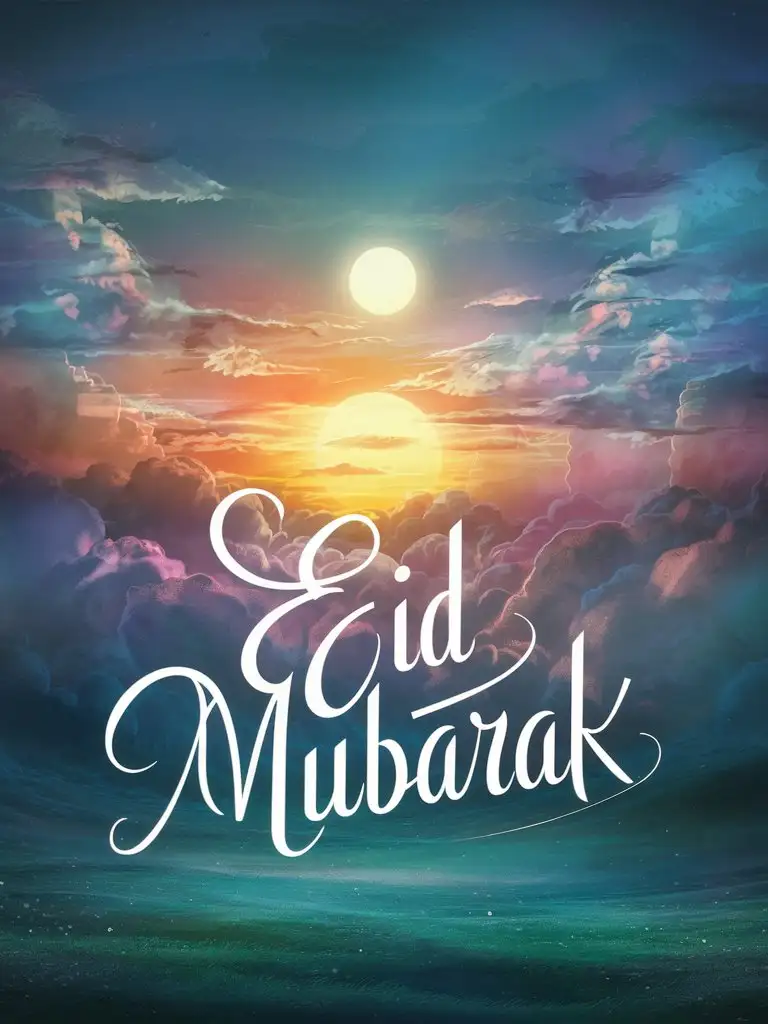 "text "eid mubarak",  tranquil, moon, sun set, fantasy, clouds,"