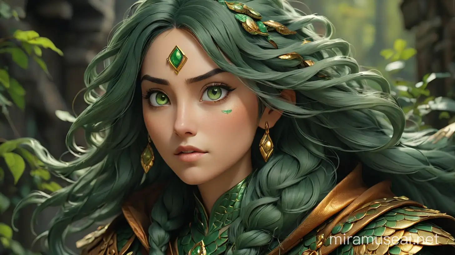 dnd slim european female yuan-ti with gold and green snake eyes and green scales on her face with dark green hair wearing beautiful copper cloak with embellishments