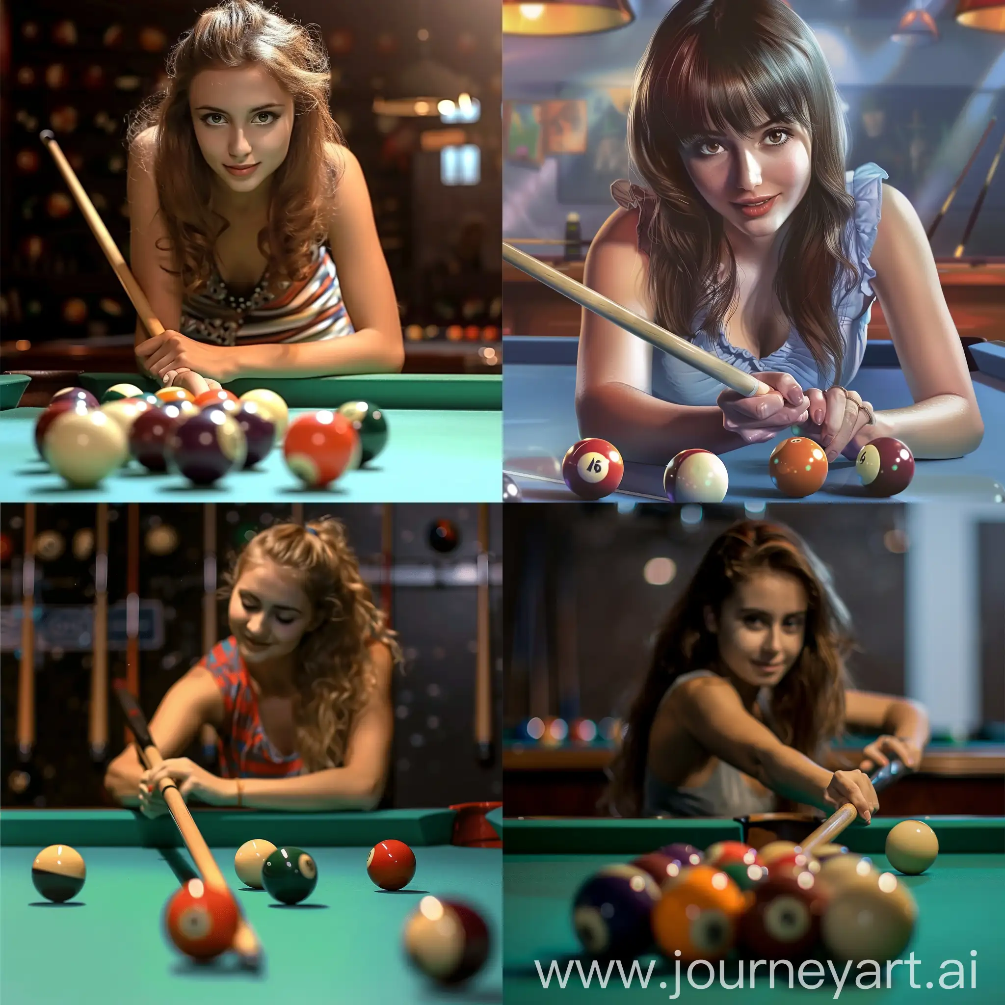 Skillful-Girl-Playing-Billiards-with-Cue-and-Balls-on-Table