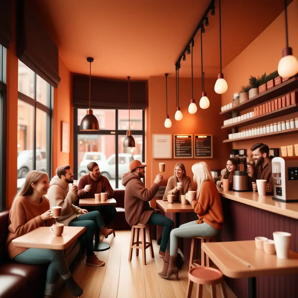 image of a cozy coffee shop with people enjoying their drinks, using warm colors