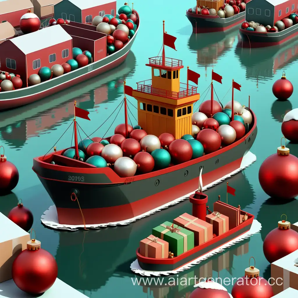 Баржа, торговые корабли, новый год, елочные игрушки, цифровой рисунок, композиция, по центру