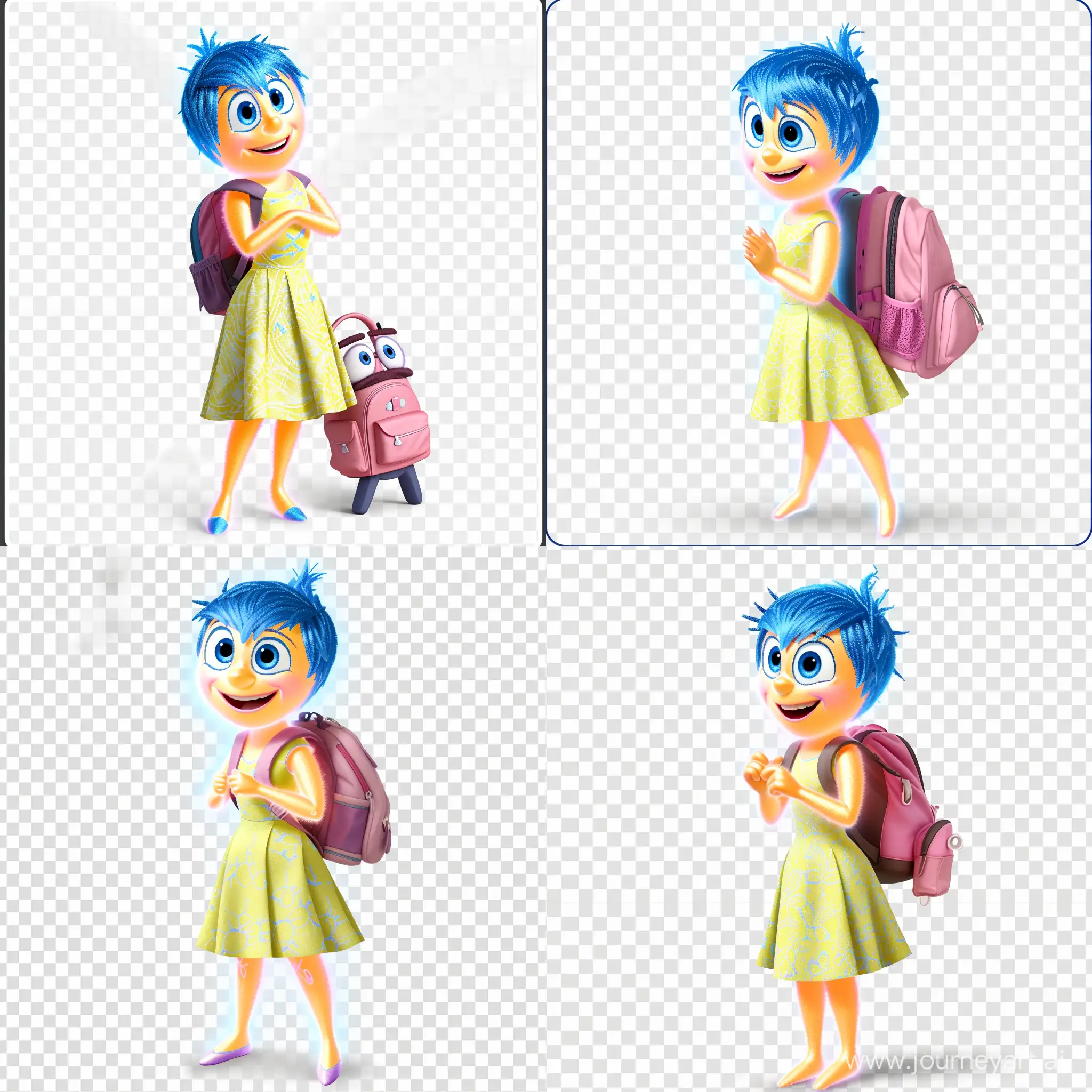 I want to create an image of the character Joy from the film Inside Out, with blue hair, the dress she wears when promoting the film, her smiling, with a pink school backpack. The image must have a transparent background and the character must be centered in the image, without any cuts to the objects in the image.