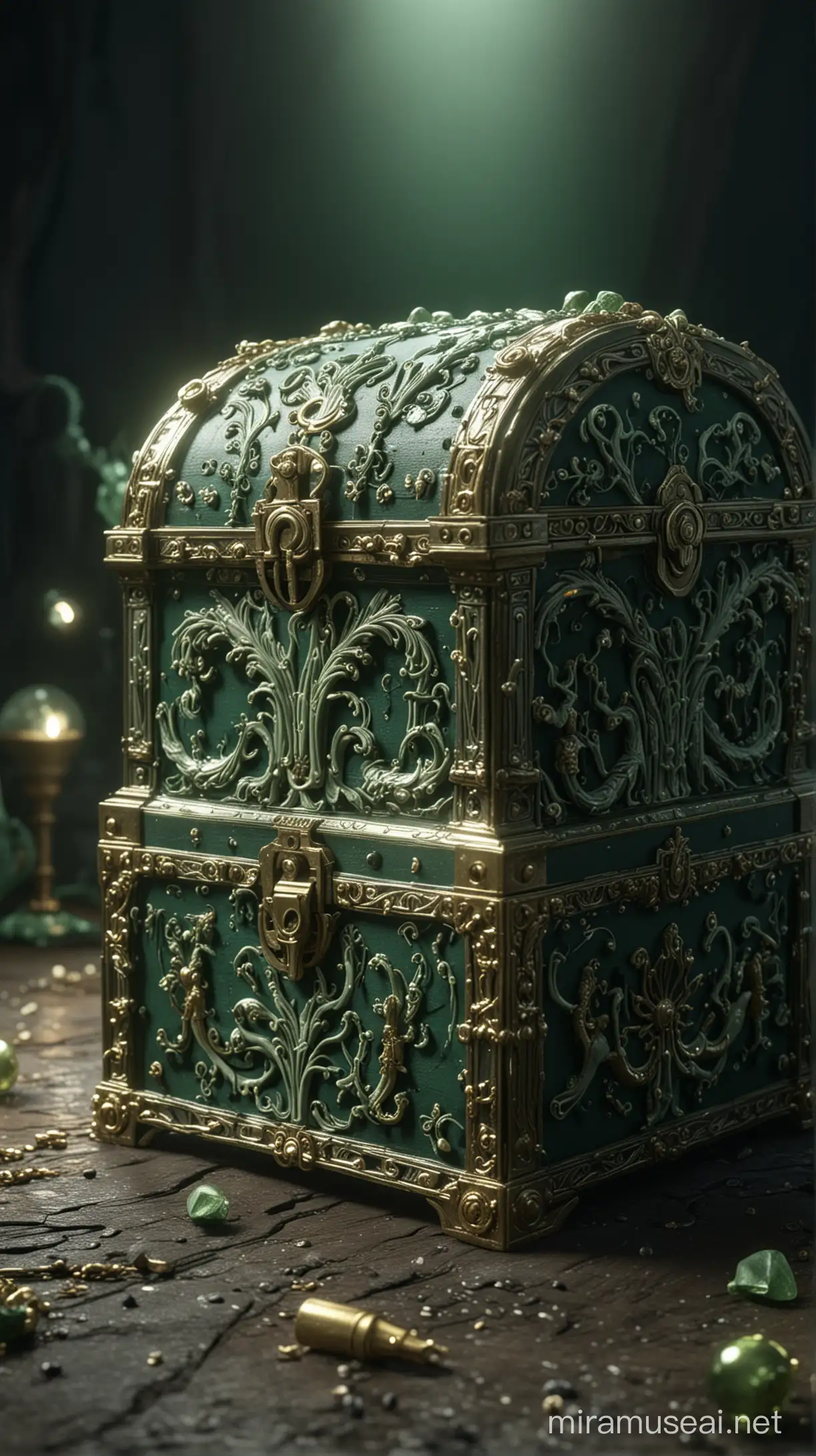 Ornate treasure chest filled with gold, Glow in the dark green, art deco, X ray, High definition, render, 3D, vibrant color, dark haze, Tentacles, photorealistic, fog, scary, stranger things, lightning, dark shadows, ultra detailed, hyper realistic, 8k, unreal engine, octane render, intricate detail, 3d spectacular lighting, cinematic, volumetric light, cinematic lighting, dark green white crimson cream atmosphere, ornate, gritty texture, high contrast