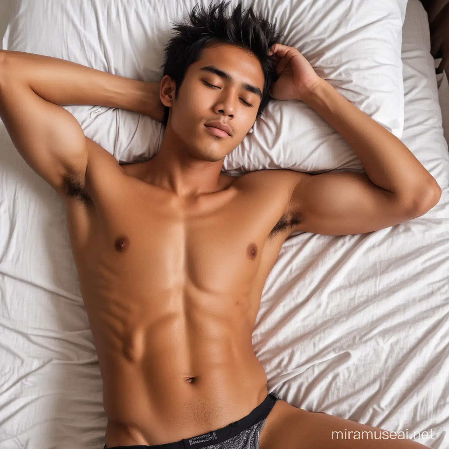 Picture with high quality, beautiful indonesian boy and who is sleeping, shirtless, underwear, HD, slim, hairy
