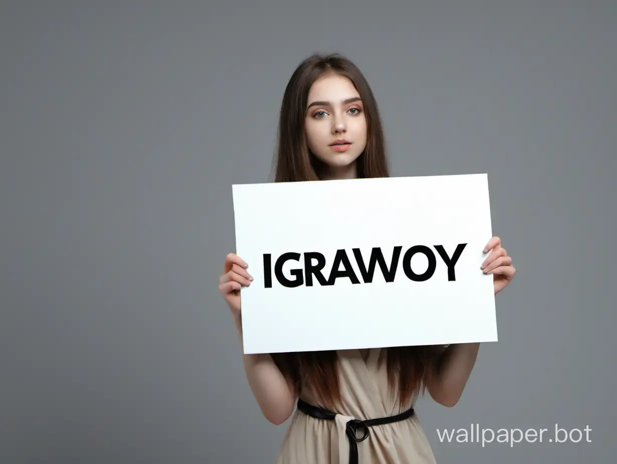 The young beautiful woman holds a sign in her hands with the word IGRAWOY