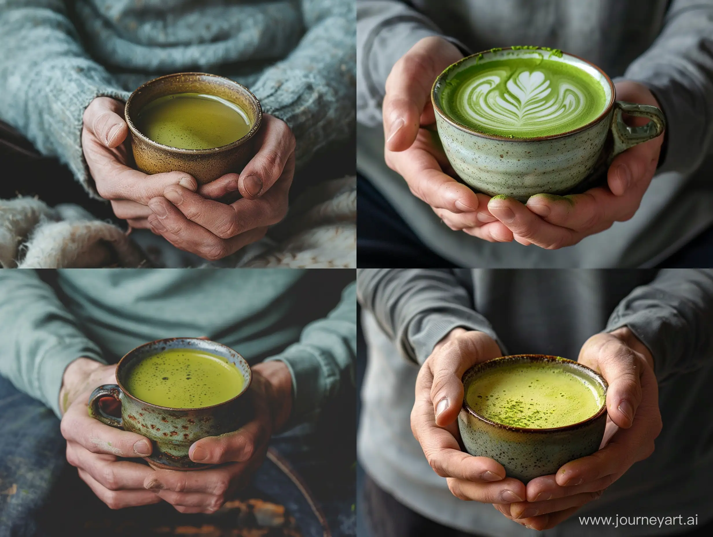 Natural shot of a man holding a cup of matcha tea.