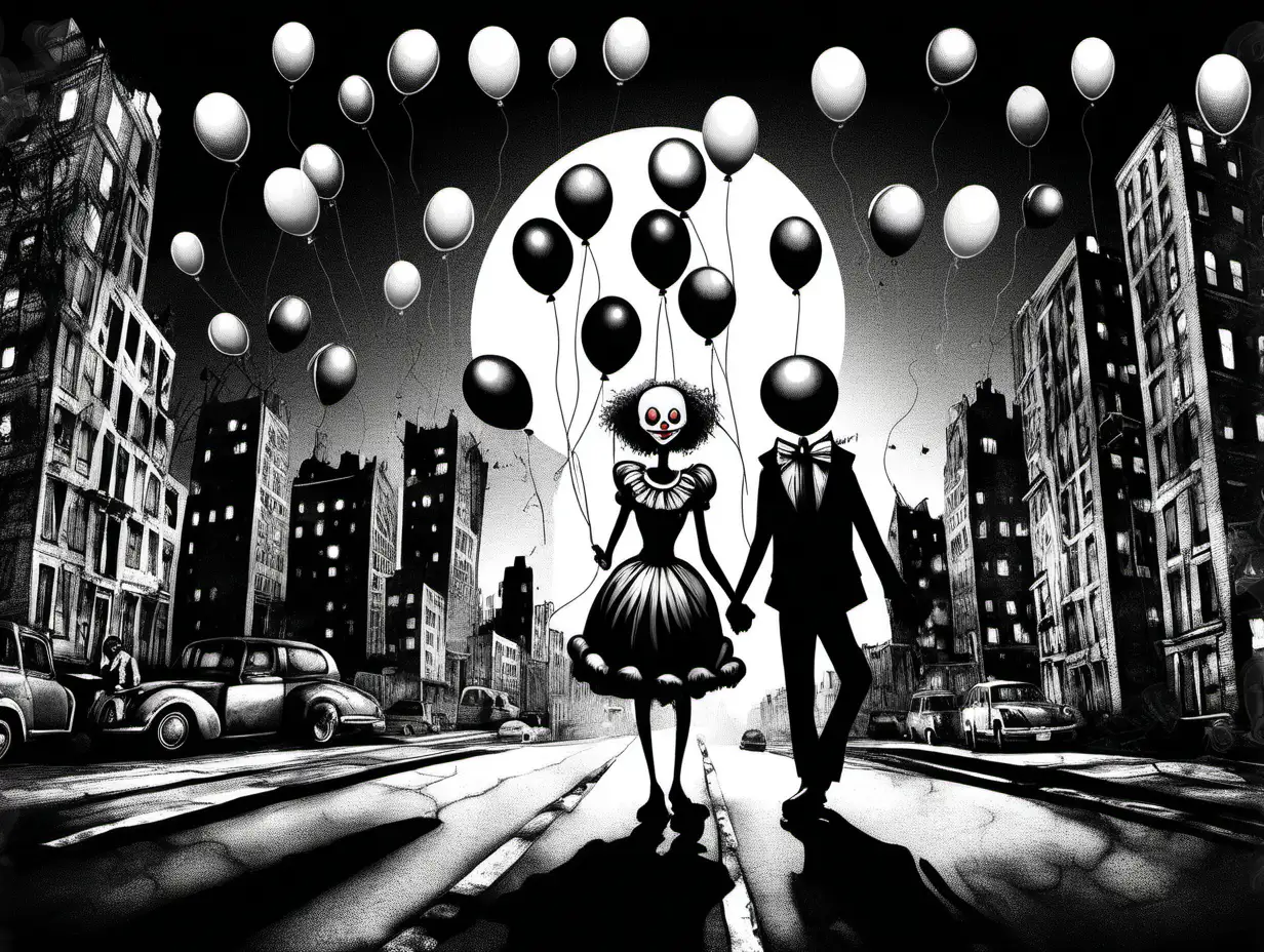 Clowns in love, holding hands, ballons, in the city, nighttime, skulls, B/W

