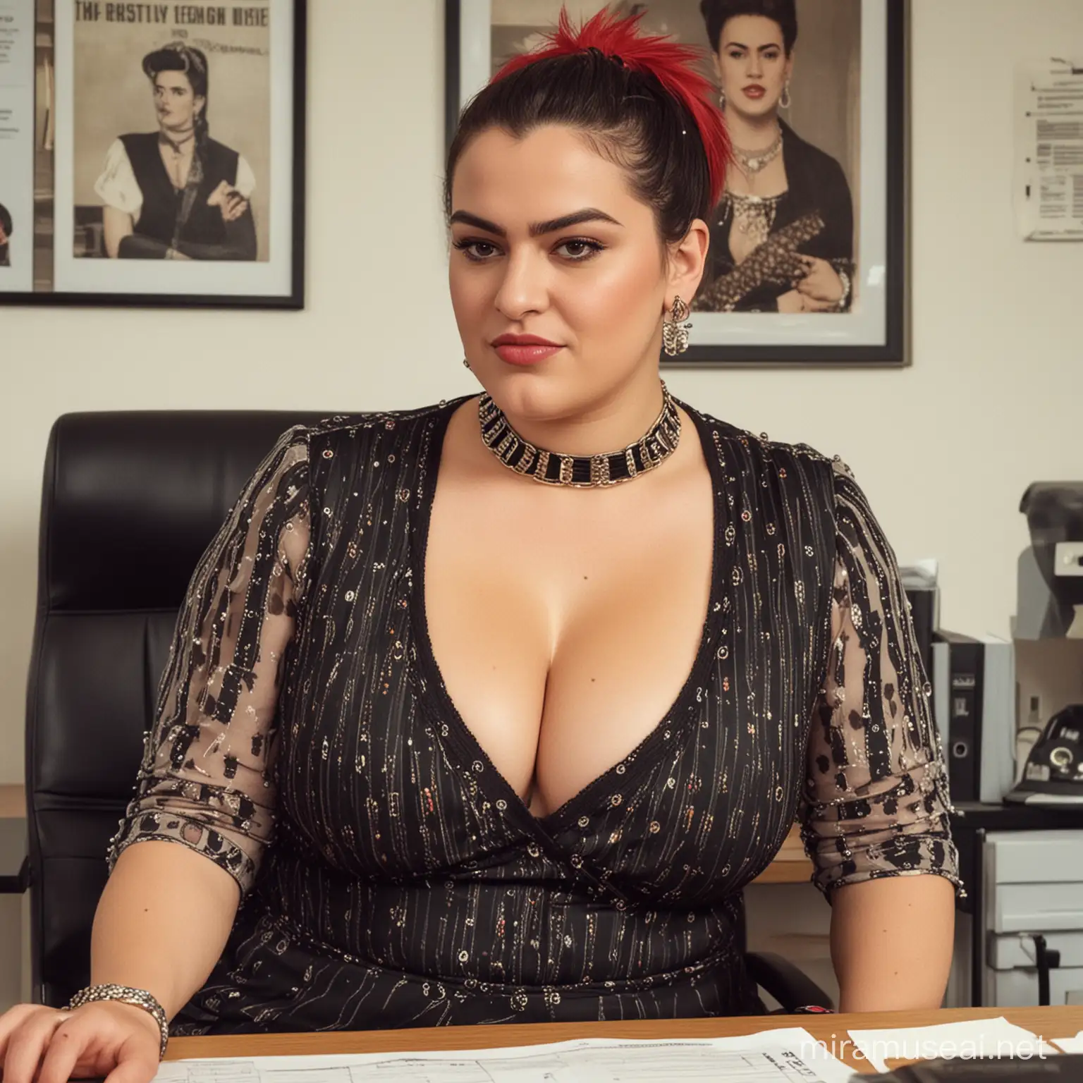 Frida Coelho  depicting a chubby busty Punk in an office, in Franco-Belgian  style