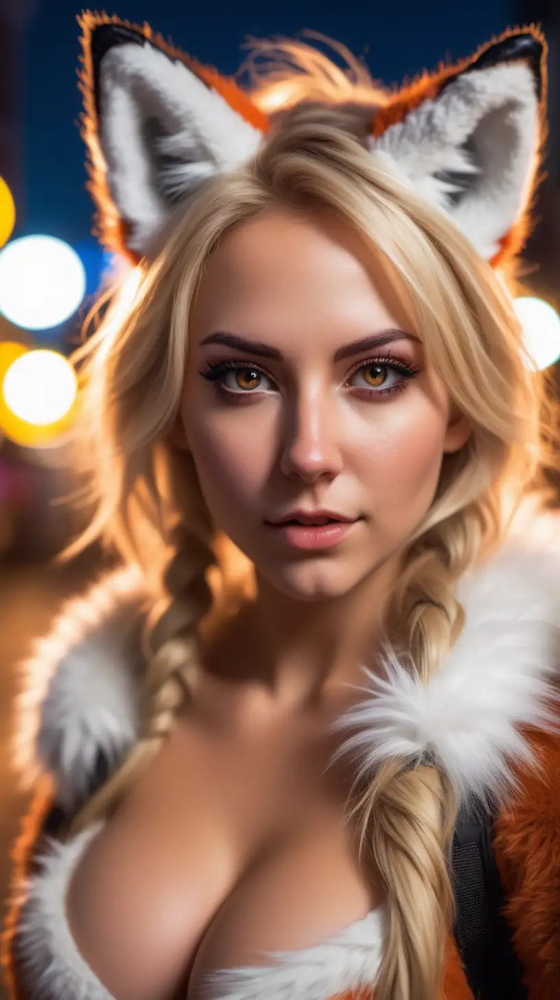 Beautiful Nordic woman, very attractive face, detailed eyes, big breasts, dark eye shadow, messy blonde hair, wearing a skintight cosplay outfit, furry fox ears, furry fox tail, close up, bokeh background, soft light on face, rim lighting, facing away from camera, looking back over her shoulder, dancing in downtown city at night, neon light all around, photorealistic, very high detail, extra wide photo, full body photo, aerial photo