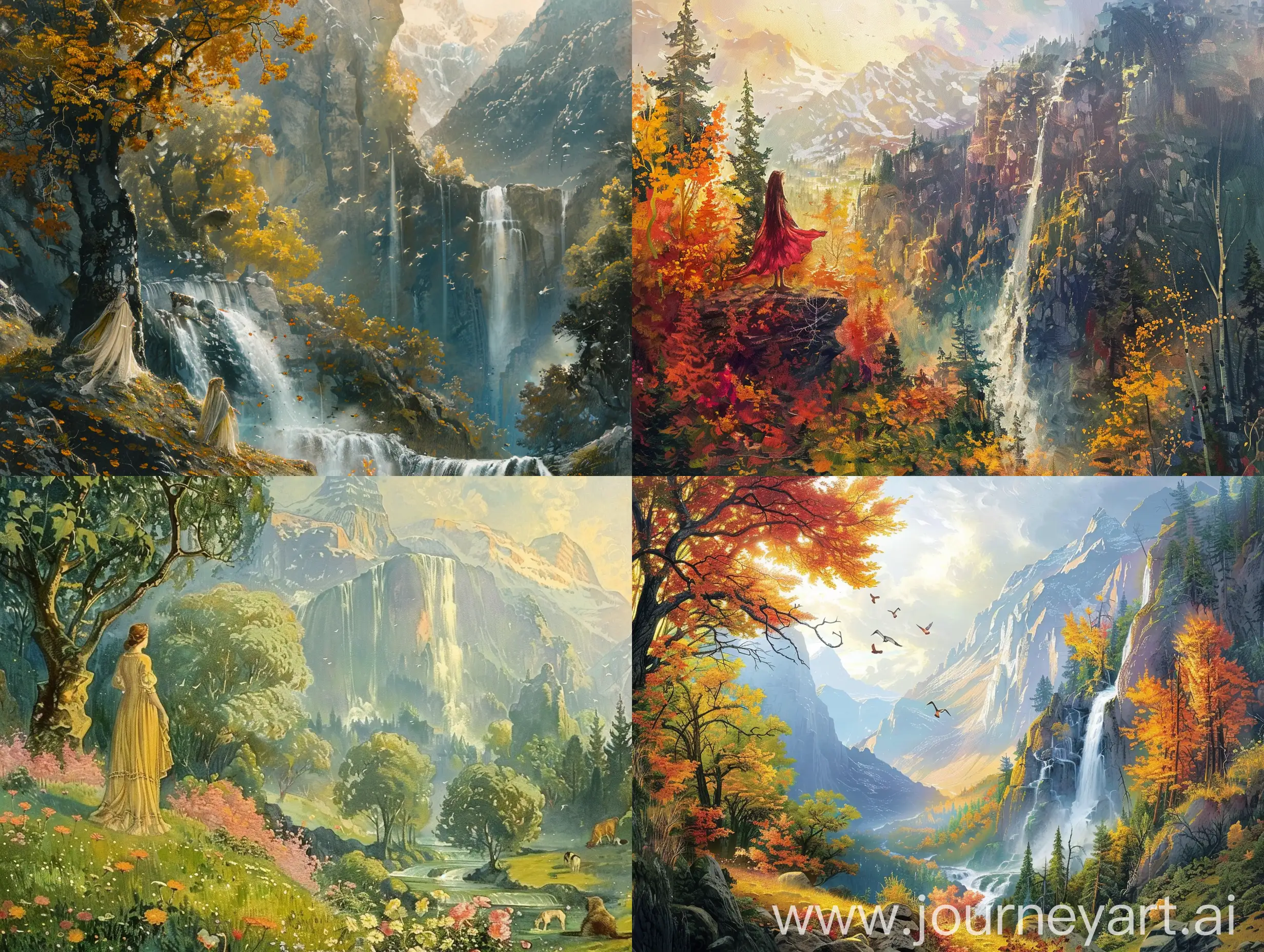 Autumn-Girl-by-Mountain-Waterfall-MuchaInspired-Art-with-Canyon-Landscape