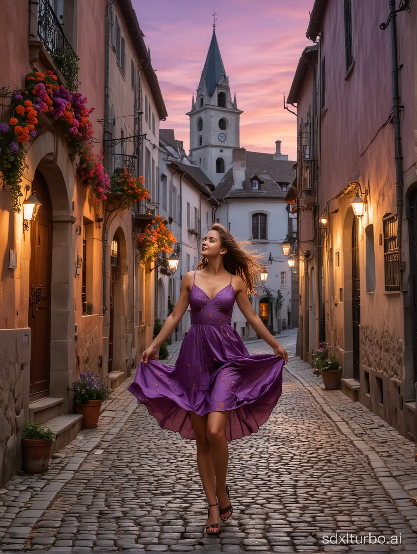 Enhance the image of the European old town at dusk, preserving the warm, historical atmosphere. The architecture remains with stucco walls in soft, earthen tones and windows with bright flower boxes. The central building features a steep roof and clock tower, indicative of its historic role, and an archway leading to ancient fortifications. The cobblestone street, free from modern vehicles, is steeped in history. The sky is painted in a dramatic mix of orange and purple shades, suggesting the twilight hour. Now, include a playful and beautiful young woman wearing a short, elegant dress. She is dancing joyfully in the middle of the street, her pose and expression full of life and movement, capturing the essence of freedom and adding a vivid contrast to the timeless surroundings.