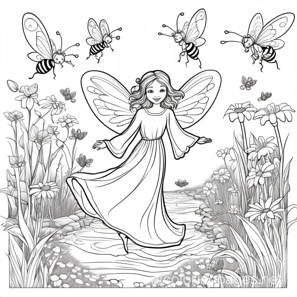 black lines, white background, a beautiful, happy lady fairy with a long white dress with long sleeves, flying horizontally above a brook, 2 little bees around flowers. The fairy is flying horizontally over the brook.
, Coloring Page, black and white, line art, white background, Simplicity, Ample White Space. The background of the coloring page is plain white to make it easy for young children to color within the lines. The outlines of all the subjects are easy to distinguish, making it simple for kids to color without too much difficulty