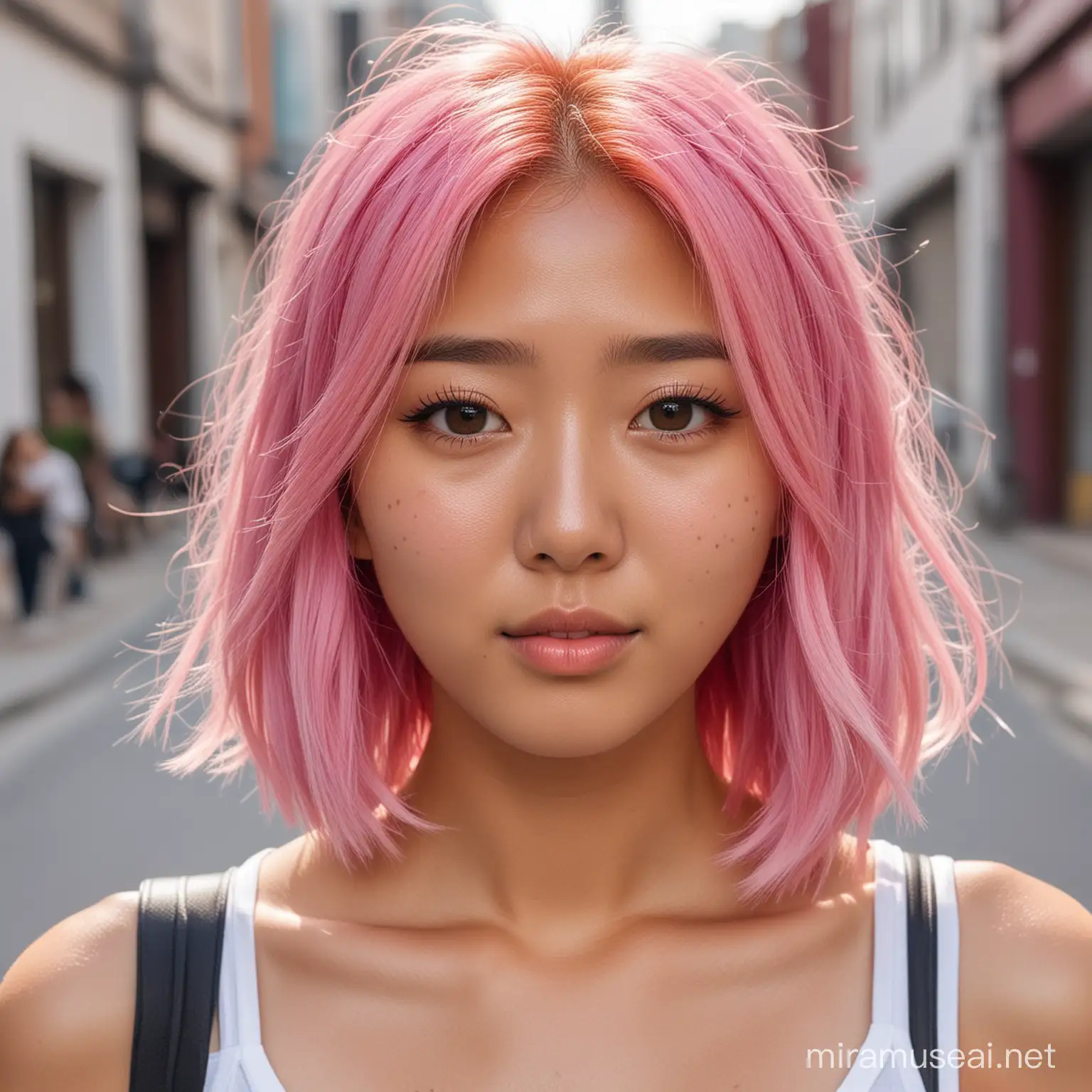 a tanned, cute-faced Korean woman with pink hair, in her 20s, on the street

