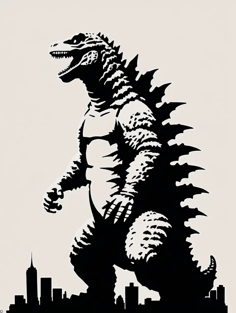 Stencil of Godzilla, in the style of banksy, minimalist, simple, silhouette 