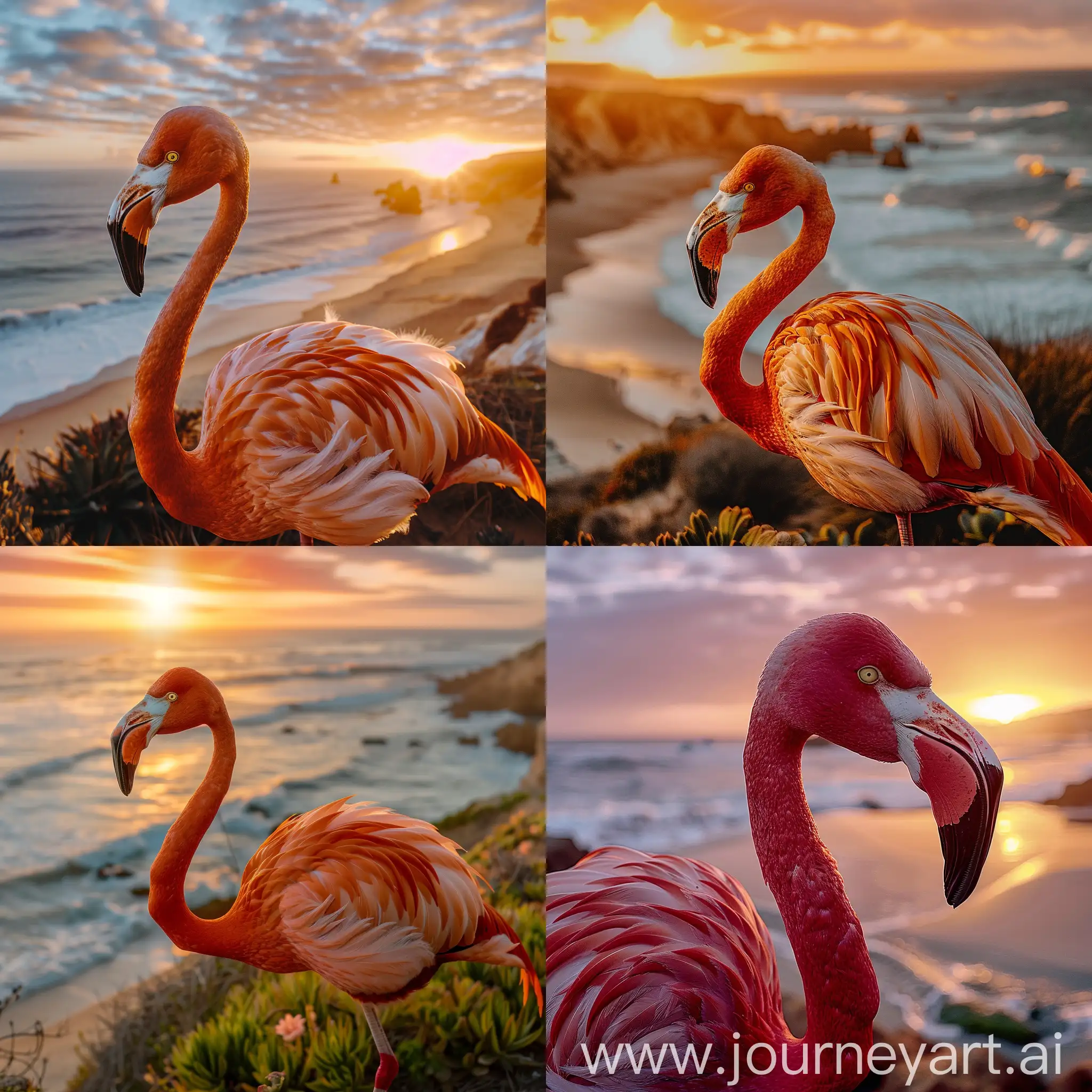 Majestic-Flamingo-Silhouetted-Against-Vibrant-Portuguese-Beach-Sunrise