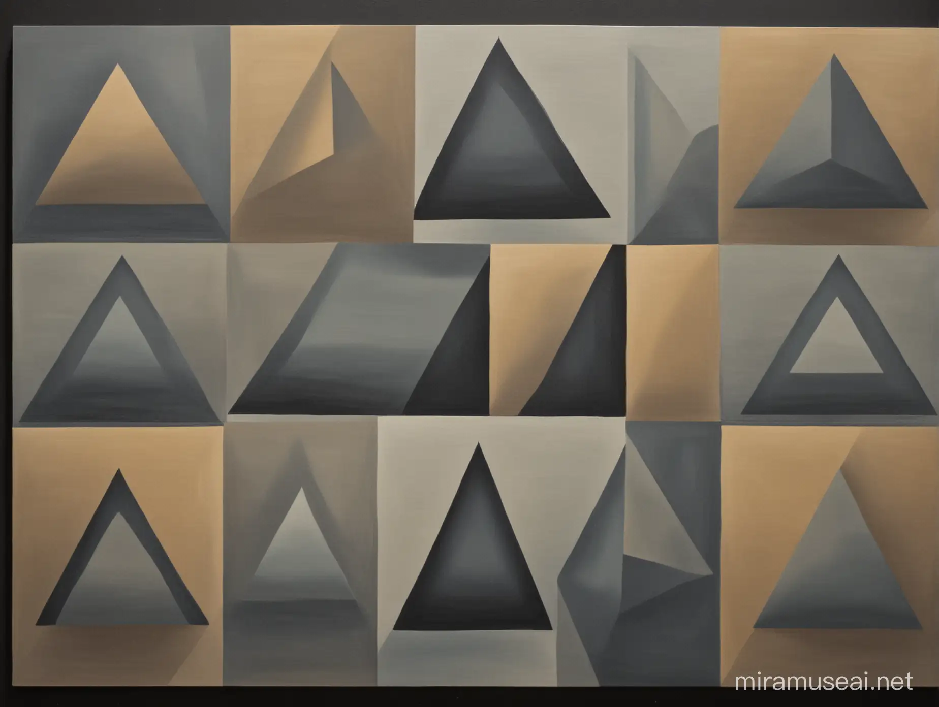 schilder 2 vlakke driehoeken en 4 vlakke rechthoeken zoals Vasarely
