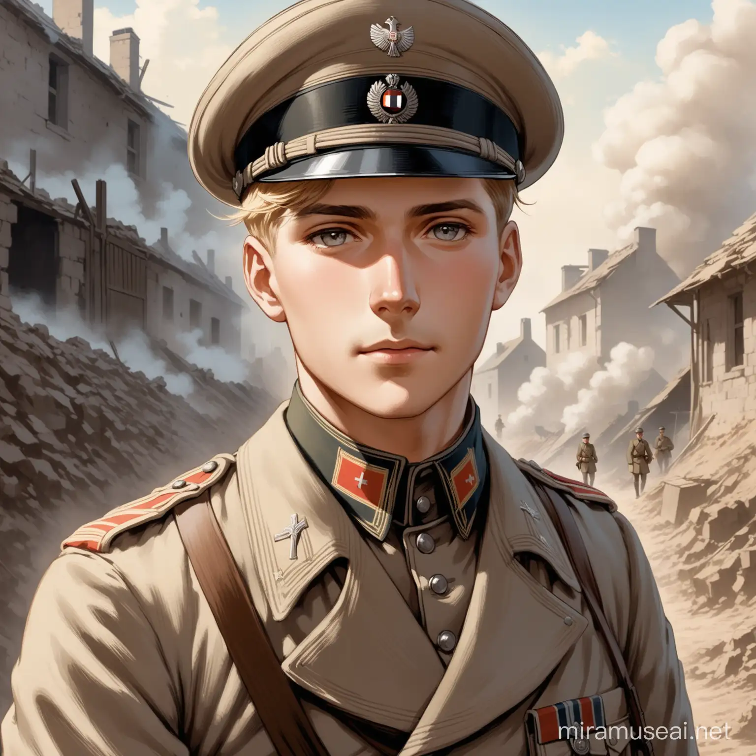 VERY DETAILED AND GOOD QUALITY, amazing, 4k, super cinematic style. A handsome Imperial German soldier in WW1 semi-realism art-style male in almost semi-anime-like, the early twenties, with typical 1910s grey colored uniform clothes of a lower rank soldier, gray eyes, short-cropped, sandy blond hair, kept neatly trimmed. At a bombed trench with smoke in the background.In spring 1910s France, half body view.