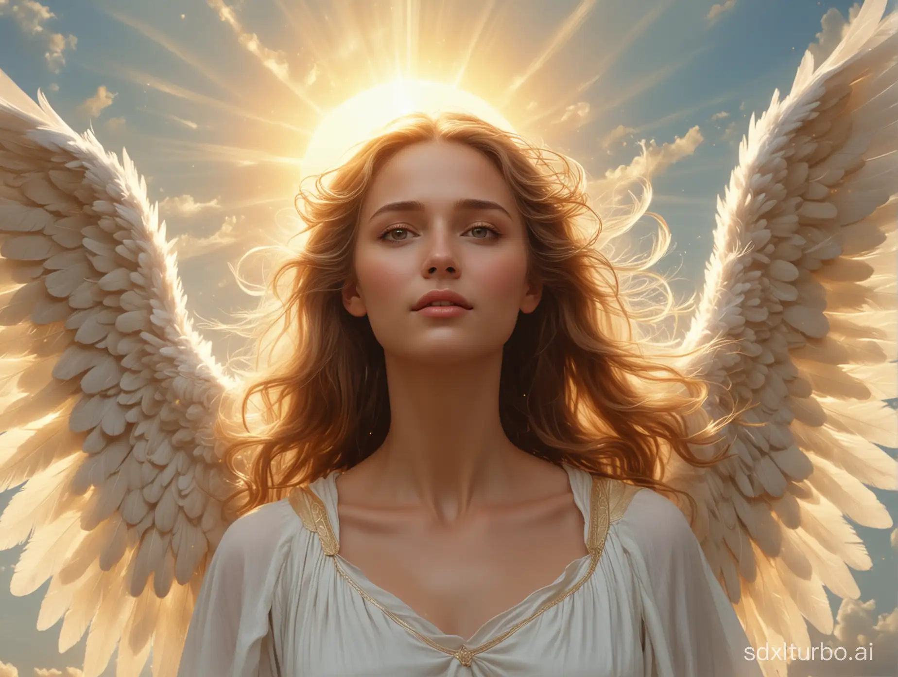 Woman, an ethereal angel Gabriel, divine light. The sky was clear, the golden wings were spread, and there was a glowing halo overhead. Beautiful facial features, in a beautiful and majestic atmosphere. Realistic movie poster style.