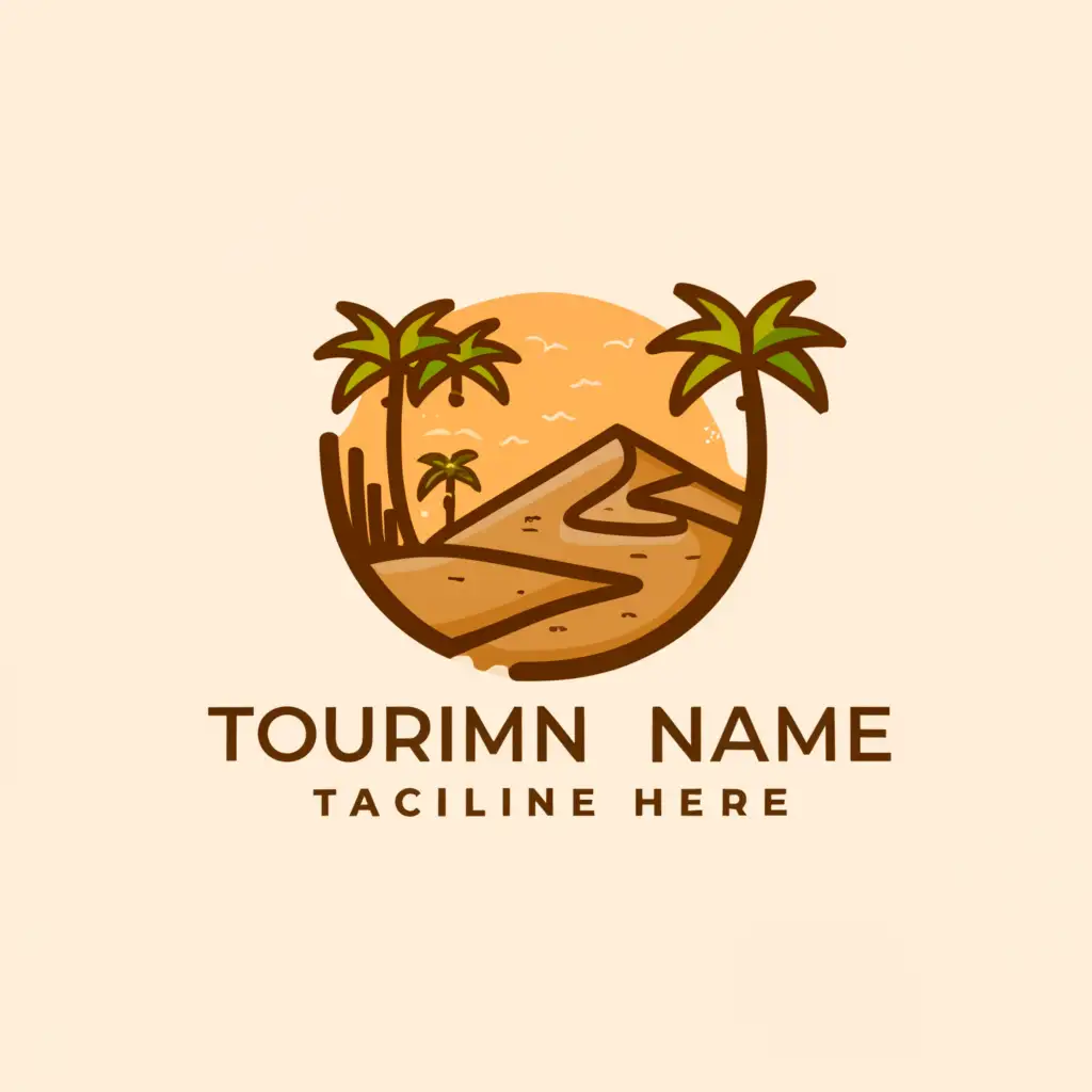 a logo design,with the text "Tourism", main symbol:Desert, palm tree, mountain, simple design in light brown color,complex,be used in Travel industry,clear background