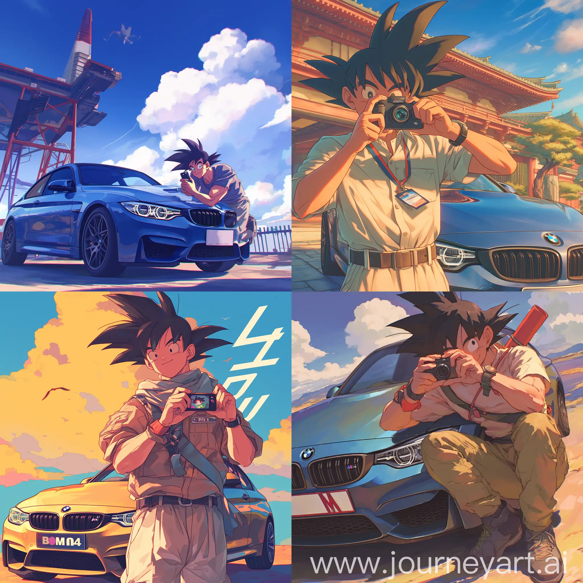Long shot of Goku taking photos with BMW M4 car, dynamic pose, perfect, Studio Ghibli style --ar 1:1 --s 600 --niji 6