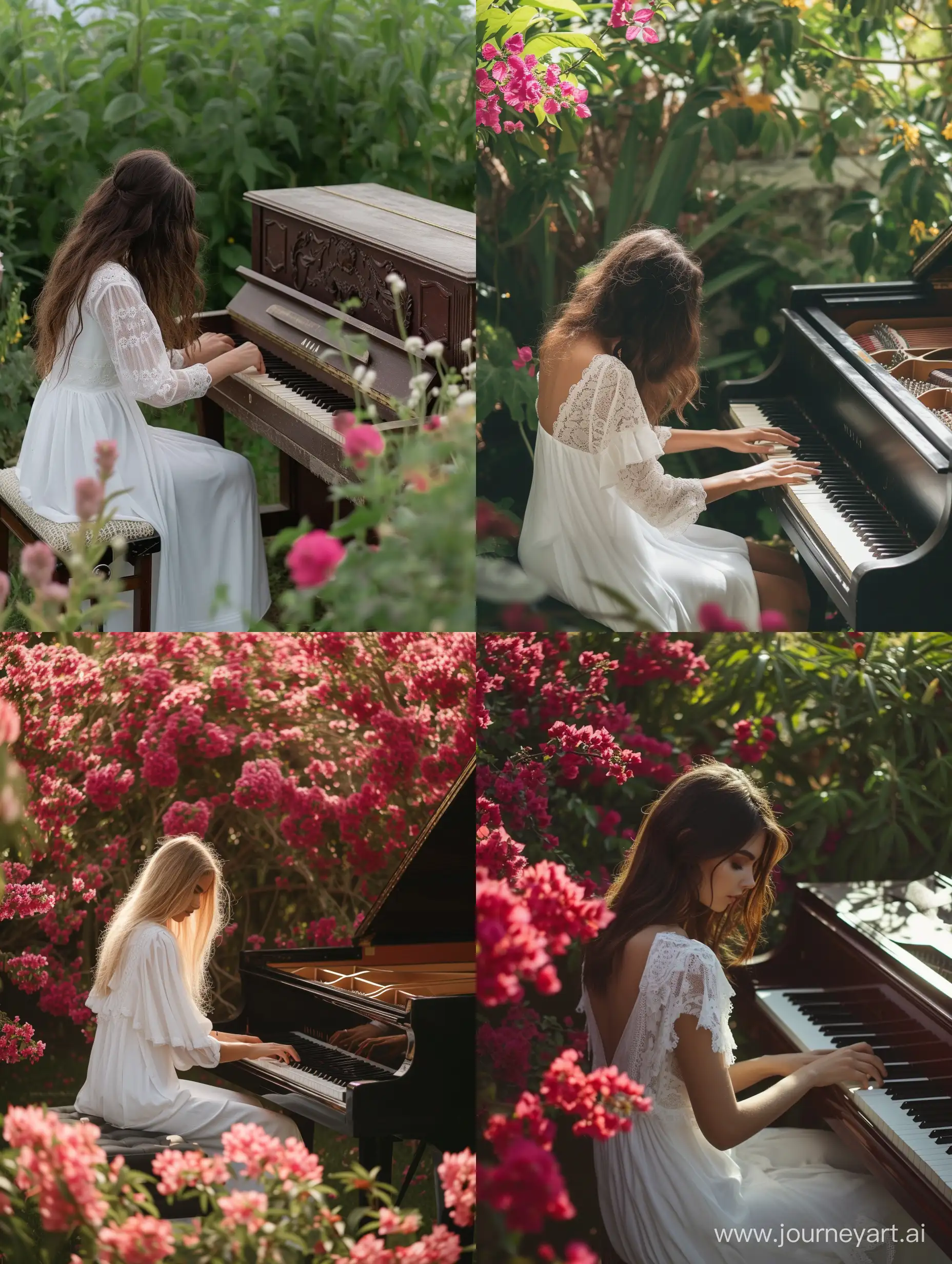A women with white dress playing piano in garden with loutos flowers