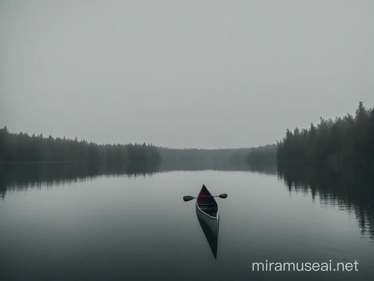 a canoe on a lake in the far distance floating away on a gloomy day 