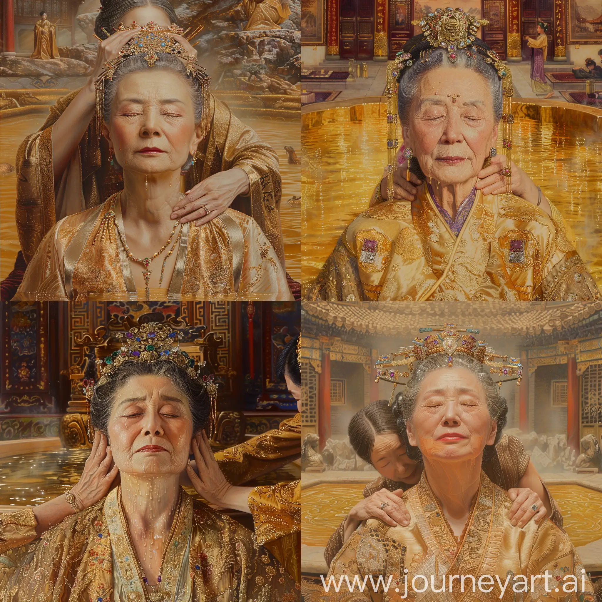 画中国的女皇坐在温泉里的场景。女皇五十岁，怀孕4个月，头上戴着昂贵的珠宝，雍容华贵，闭着眼睛，面色疲惫，身披一袭金线和宝石织成的浴袍，坐在在金碧辉煌的温泉里，一个侍女给她按摩肩膀。古代，细节丰富，全景图，汉服，宫廷，金碧辉煌，奢侈，自然光，衣服保守，华丽