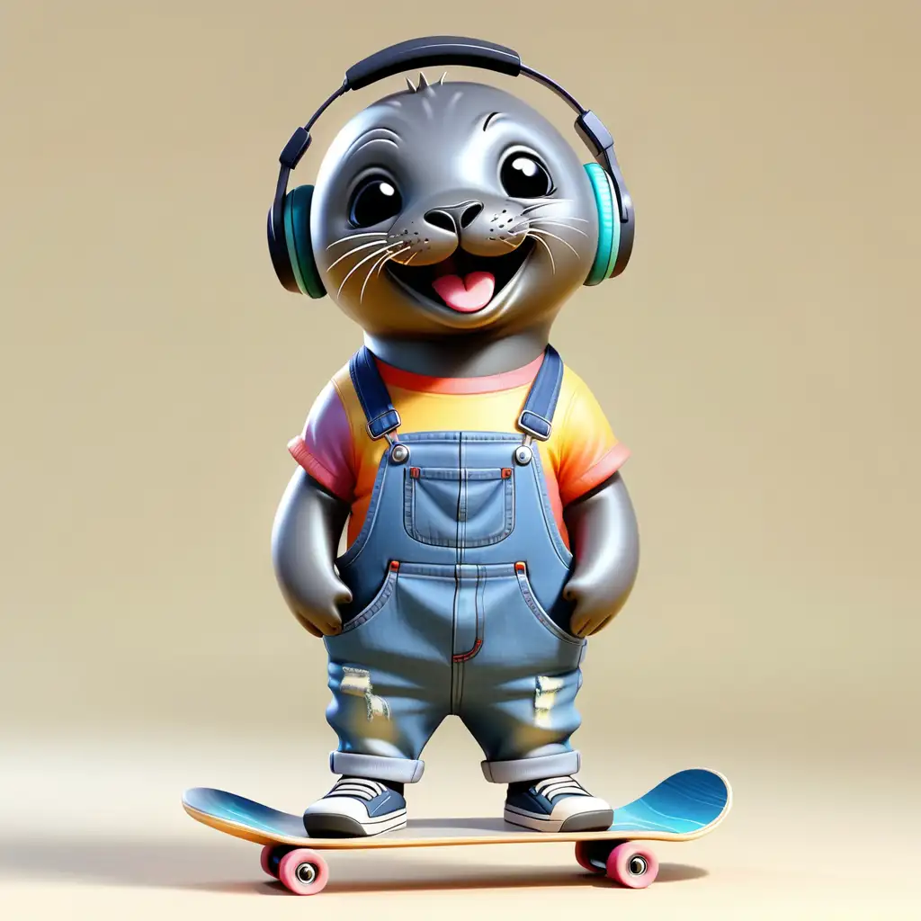 Smiling Blind Box Style Seal in Colorful TShirt and Denim Overalls with Skateboard