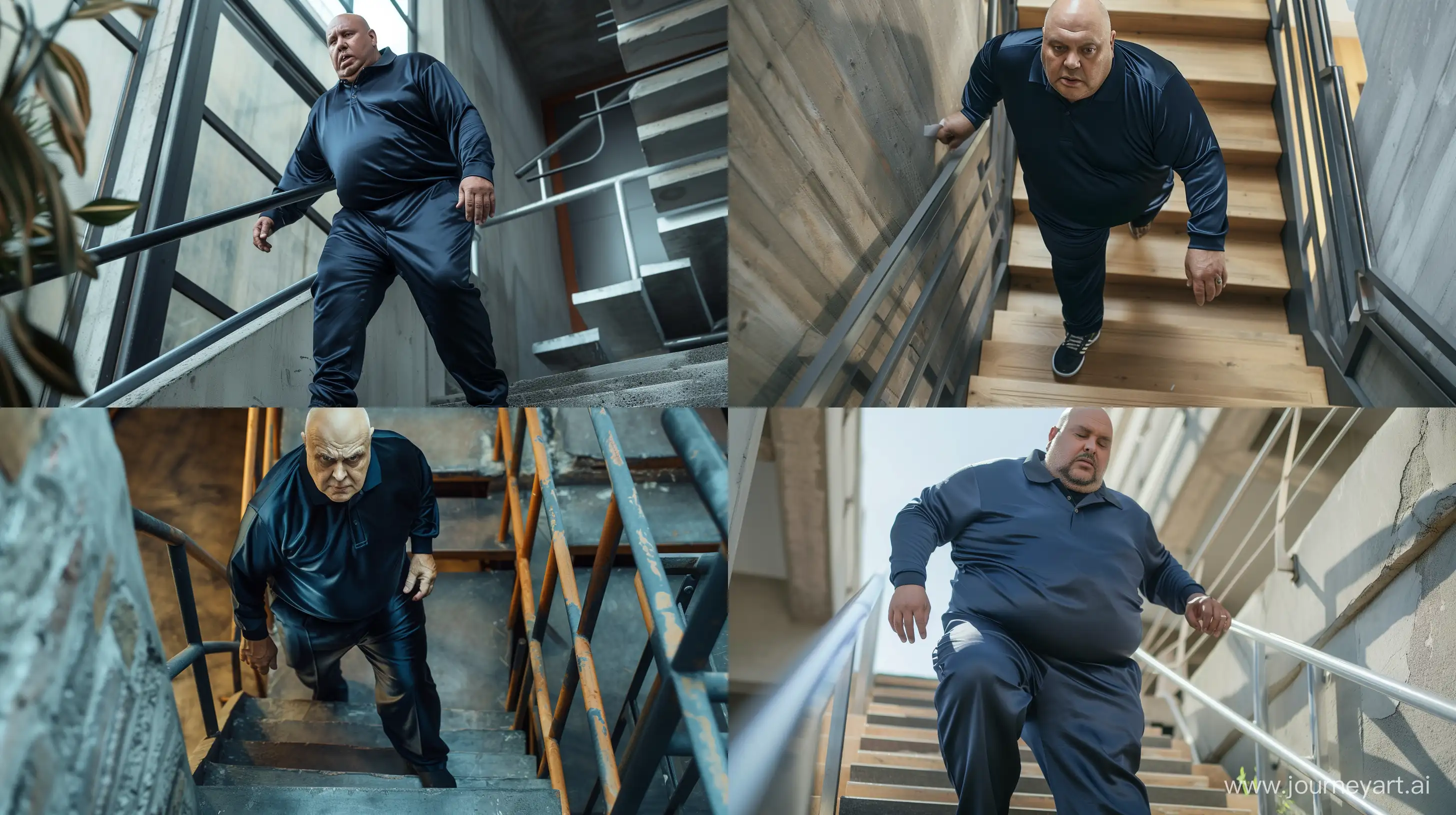 Front view high-angle shot photo of an obese man aged 60 wearing a silk navy tracksuit pants and a silk black tucked in sport polo short. Climbing stairs. --style raw --ar 16:9