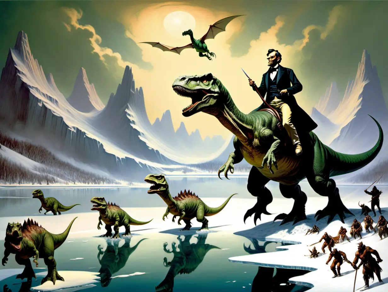 Abraham Lincoln riding a dinosaur on a frozen lake chased by ogres surrounded by giant mountains Frank Frazetta style