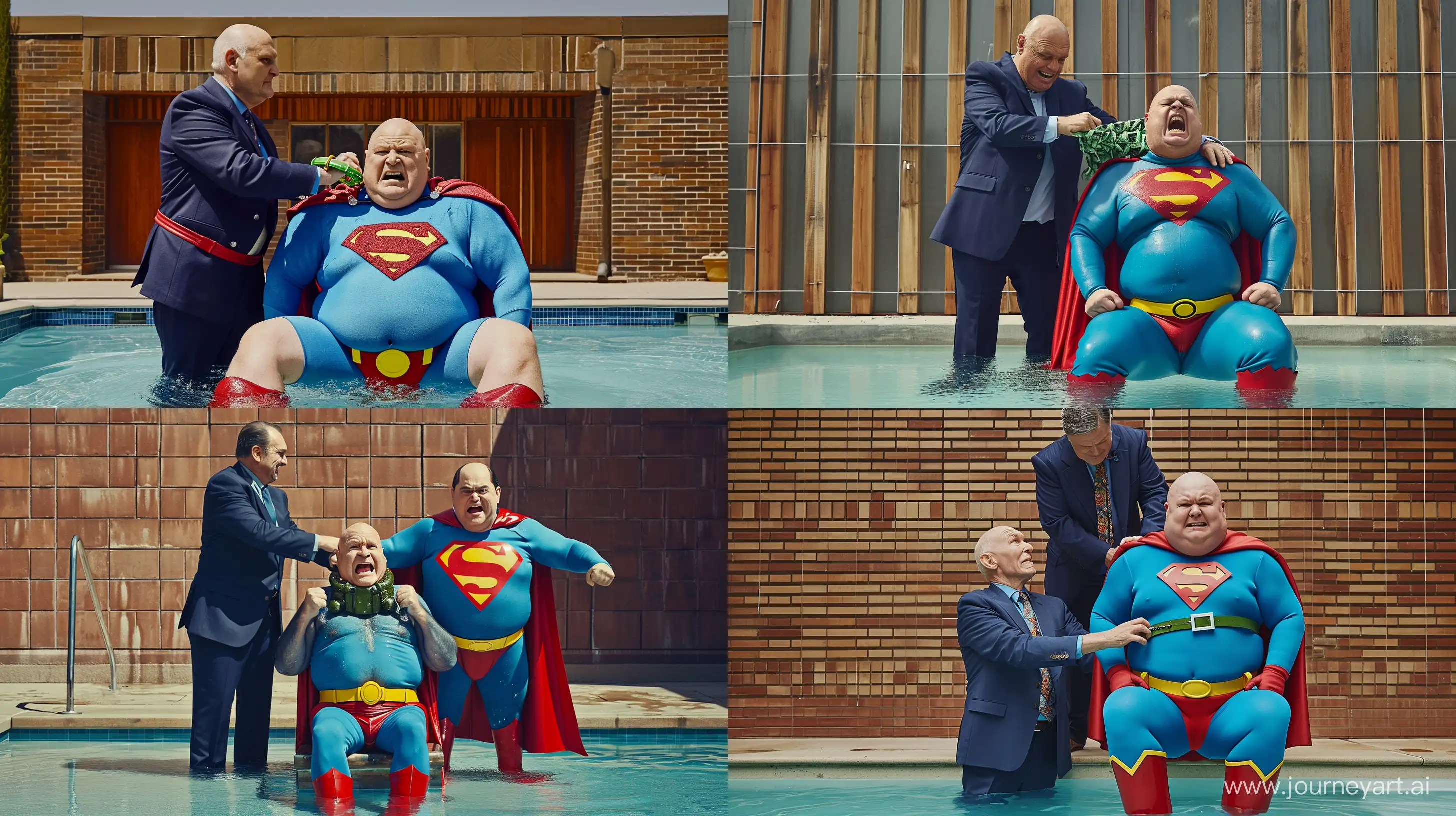 Photo of two characters together. There is an angry chubby man aged 70 on the right dressed in a clean slightly shiny blue superman costume with a big red cape, red boots,  blue shirt, blue pants, yellow belt and red trunks sitting in a shallow pool. There is a happy chubby man in a navy suit standing above him and tightening a heavy shiny green dog collar around the neck of the man on the right. Outside. --style raw --ar 16:9 --v 6
