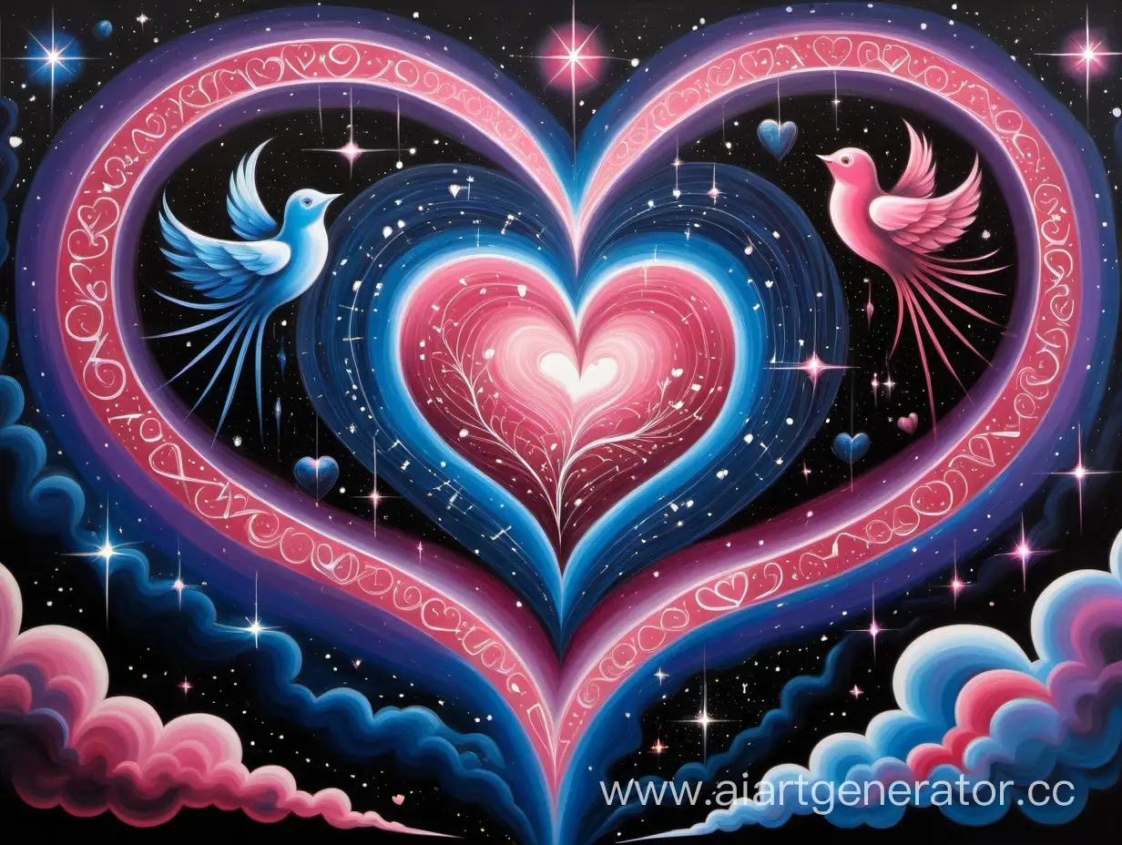 Картина "Созвездие Любви" представляет собой космический пейзаж, в центре которого находится великолепное созвездие в форме двух влюбленных сердец. Звезды в этом созвездии сверкают яркими оттенками розового и голубого, создавая невероятное сияние на темном космическом фоне.  В сердцах созвездия можно выделить детали, символизирующие различные аспекты любви: ключ от сердца, цветы, музыкальные ноты и многие другие элементы. Линии света, пересекающиеся между сердцами, создают впечатление невидимых связей, объединяющих две половинки великого целого.  Вокруг созвездия Любви можно изобразить нежные облака в виде вихрей, символизируя бескрайнюю и вдохновляющую энергию любви. Освещение на картине можно сделать мягким, создавая романтическую атмосферу.